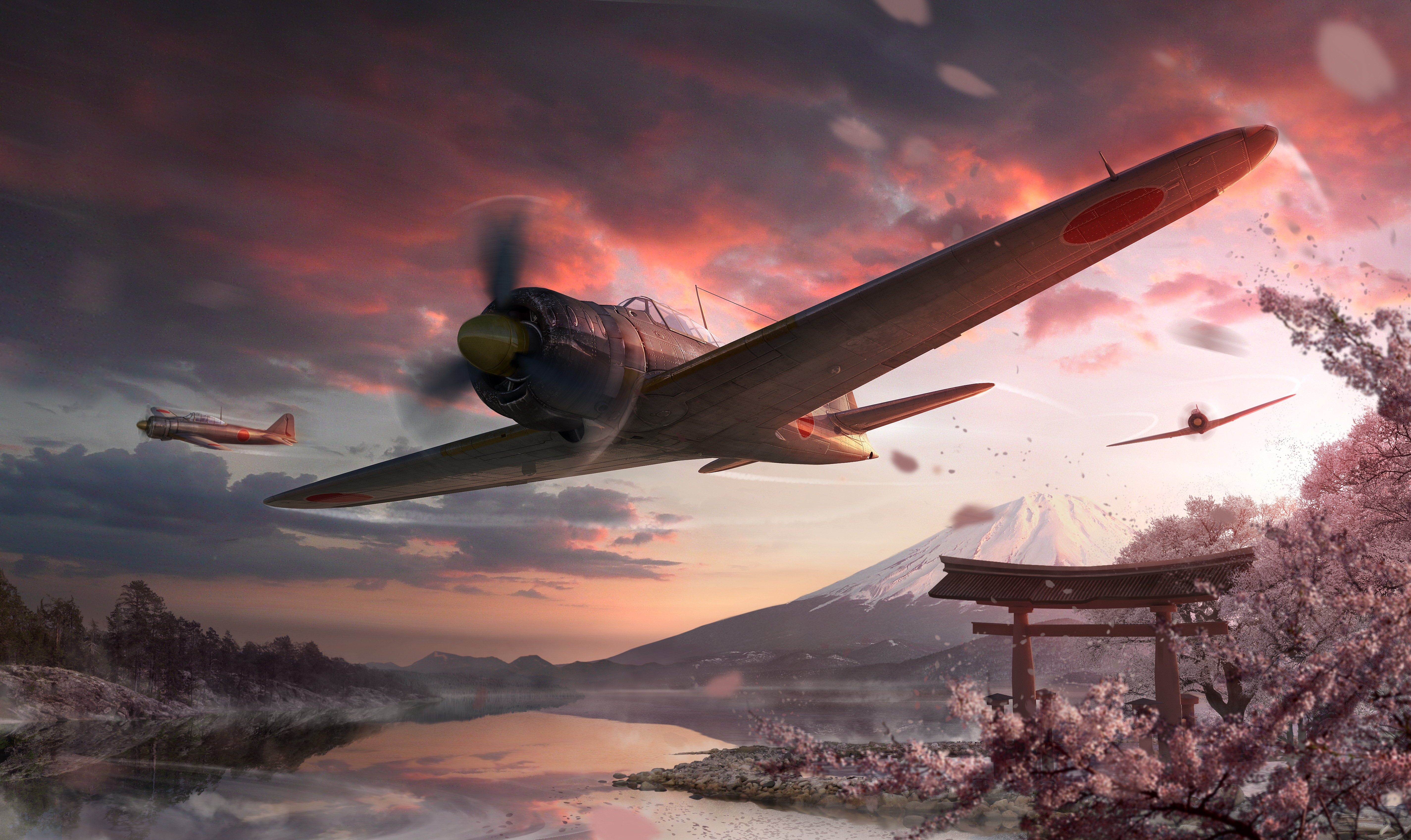 World of Warplanes Japanese Aircraft over Mount Fuji HD Wallpaper
