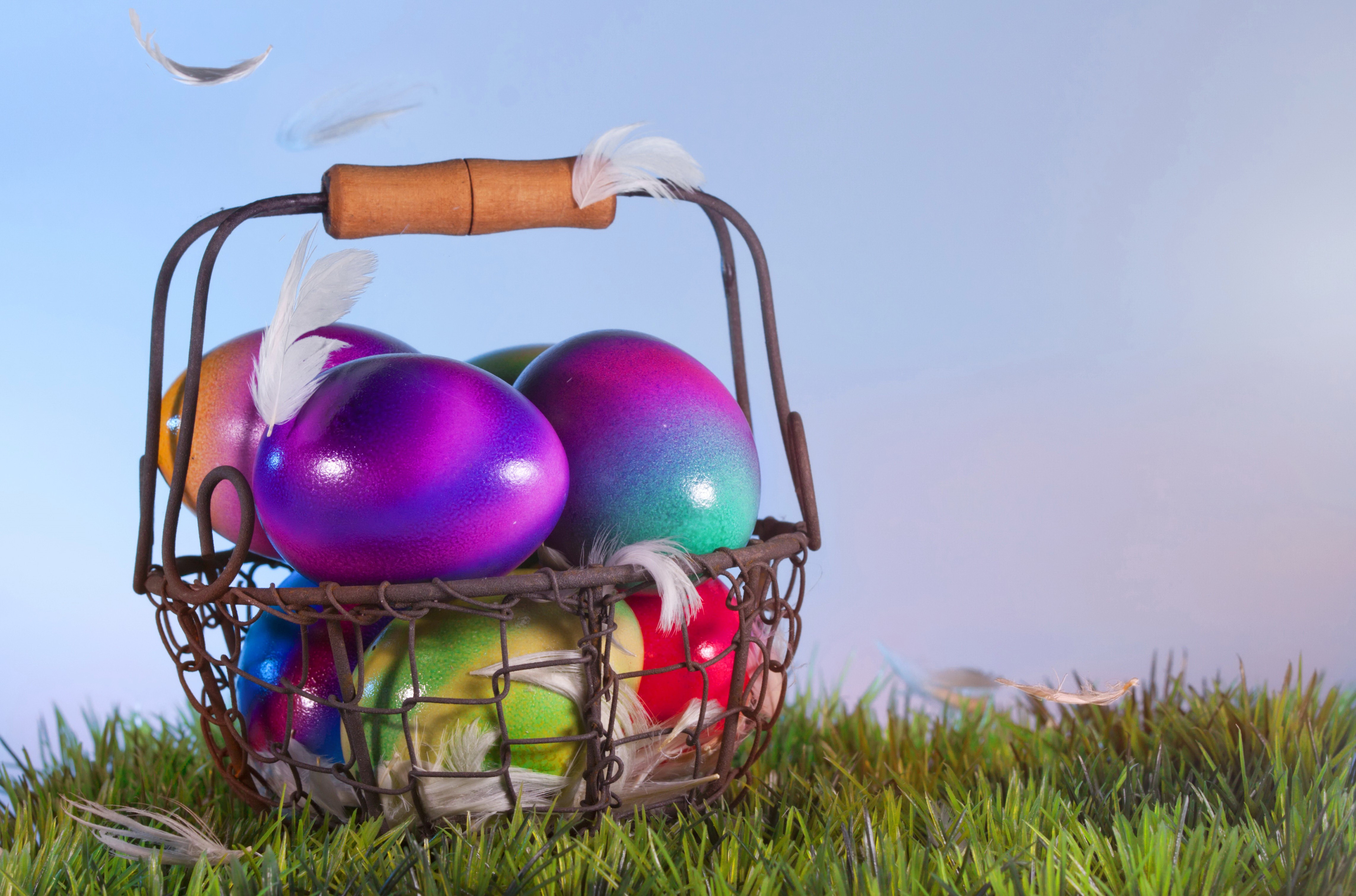 Easter eggs in a wicker basket on grass HD Wallpaper