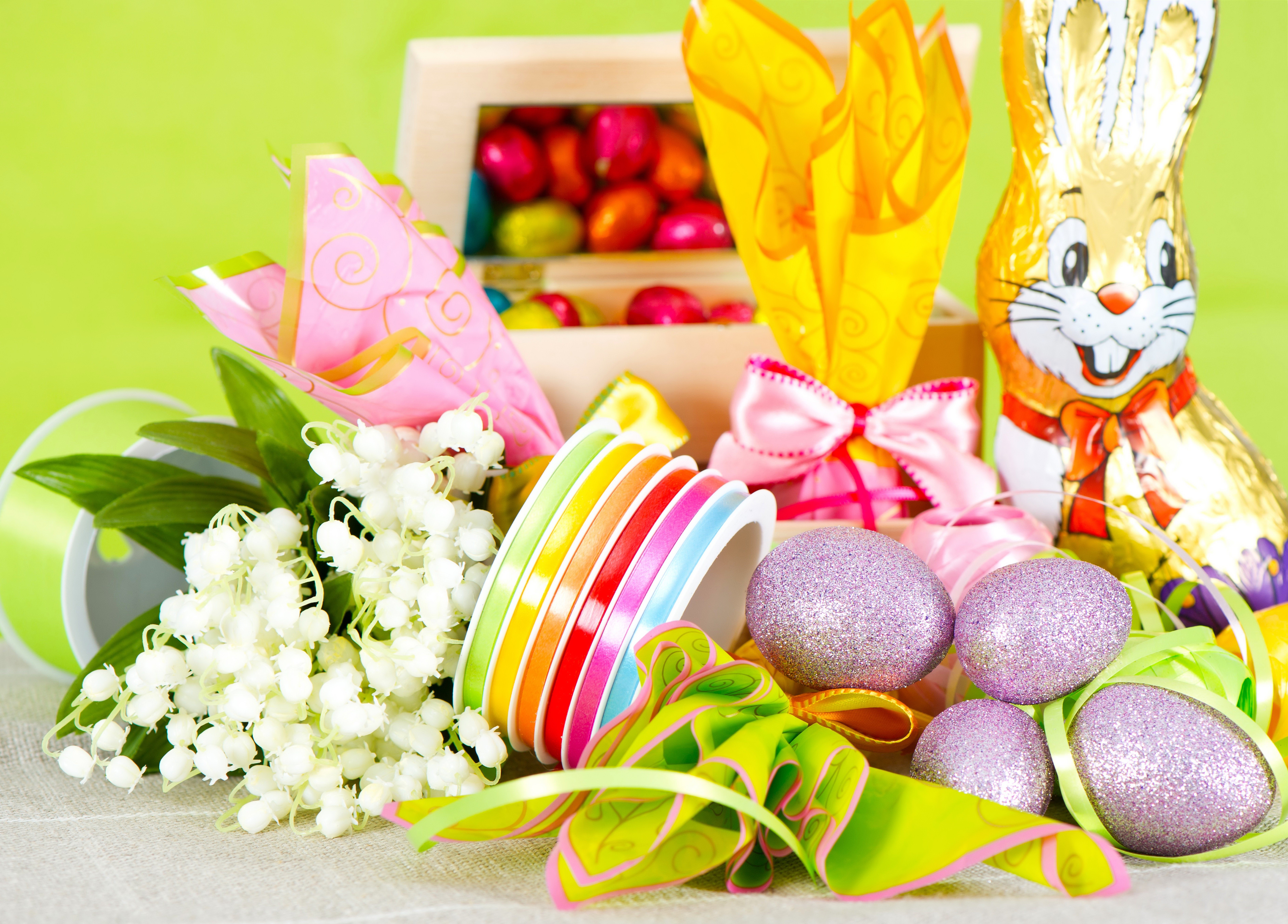 Easter Chocolate Eggs, Lilies of the Valley, and Chocolate Rabbit HD Wallpaper