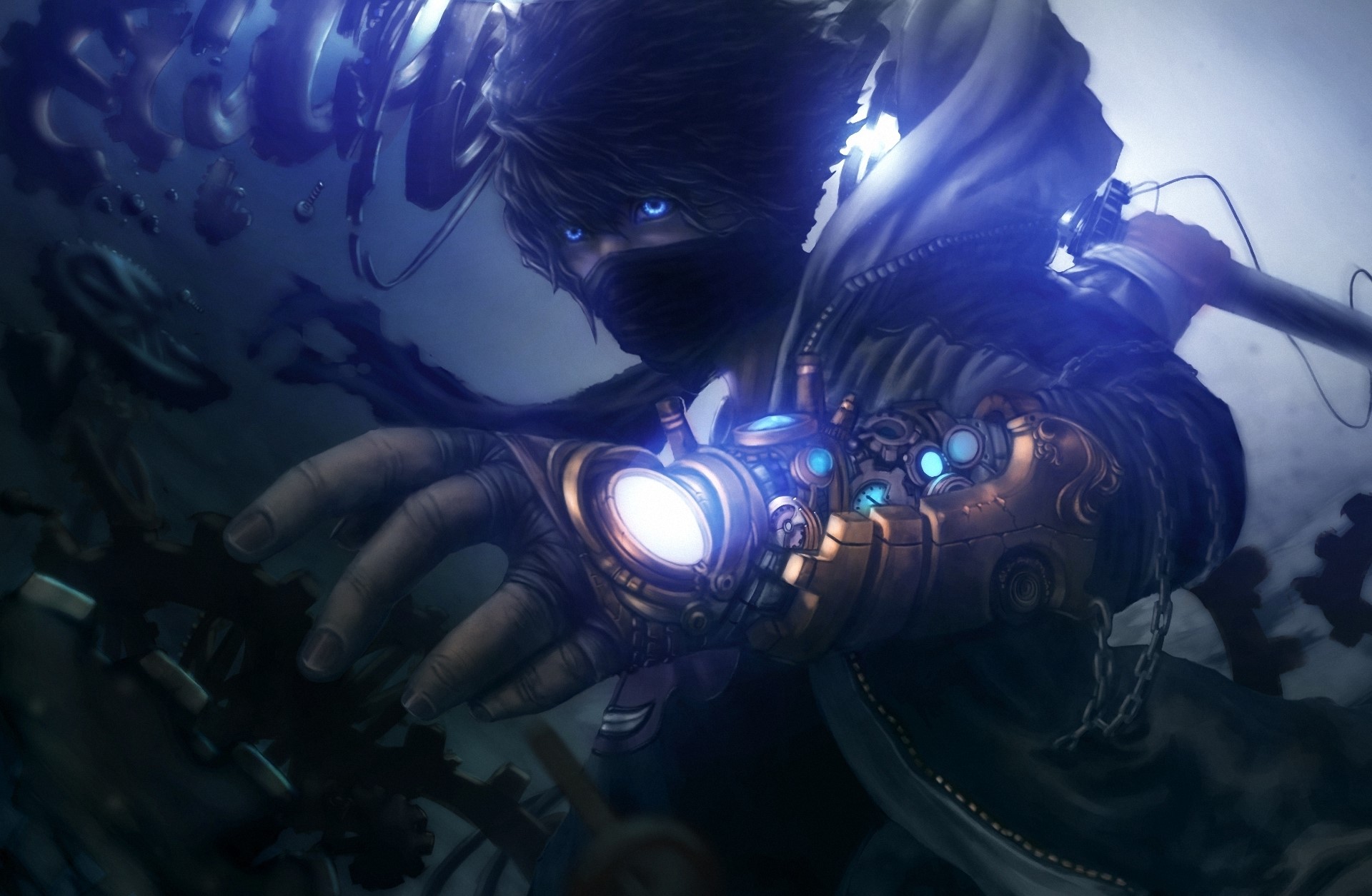 Steampunk warrior with glowing blue eyes and mechanical arm HD Wallpaper