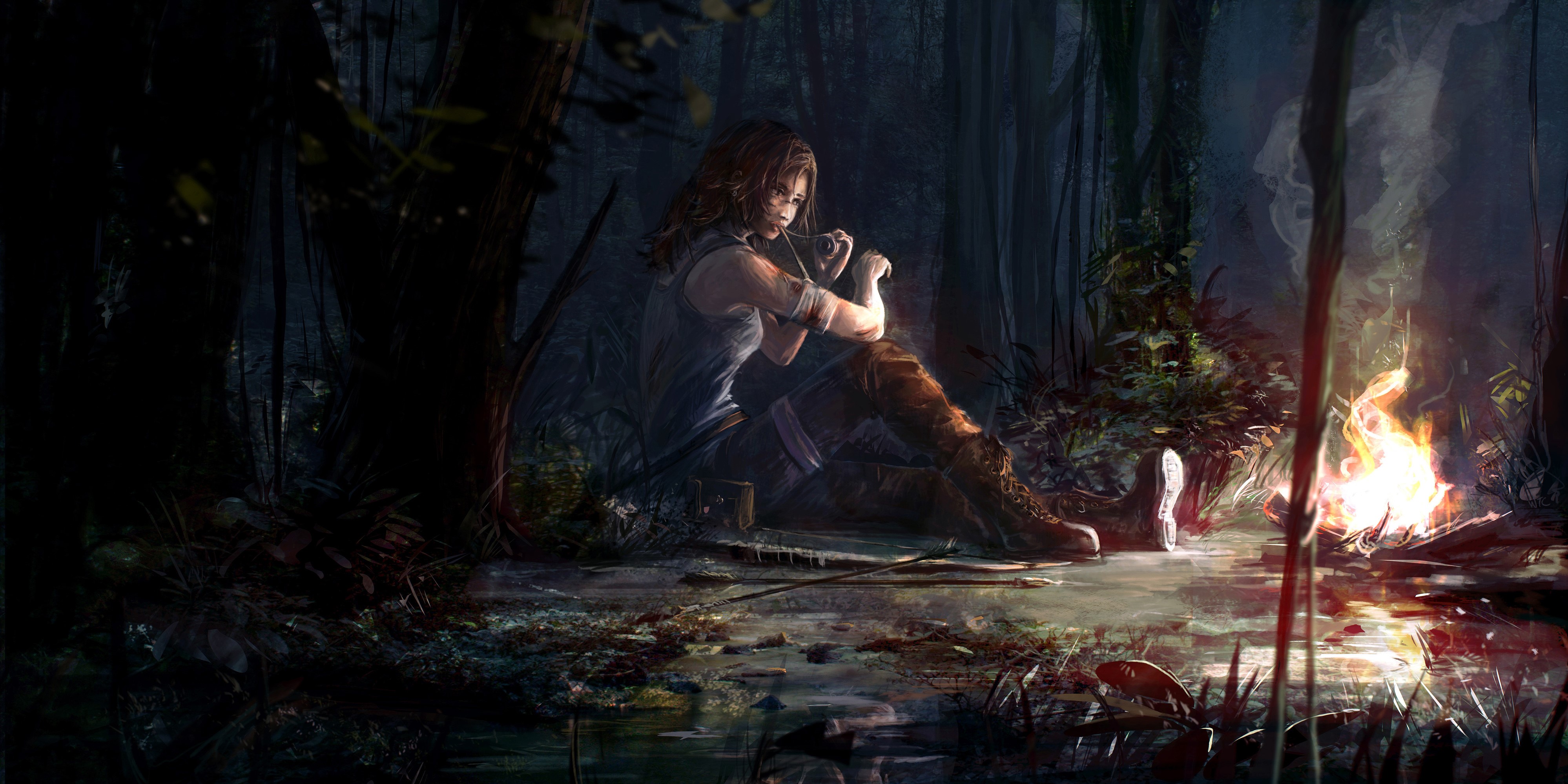Lara Croft from Tomb Raider by a campfire HD Wallpaper