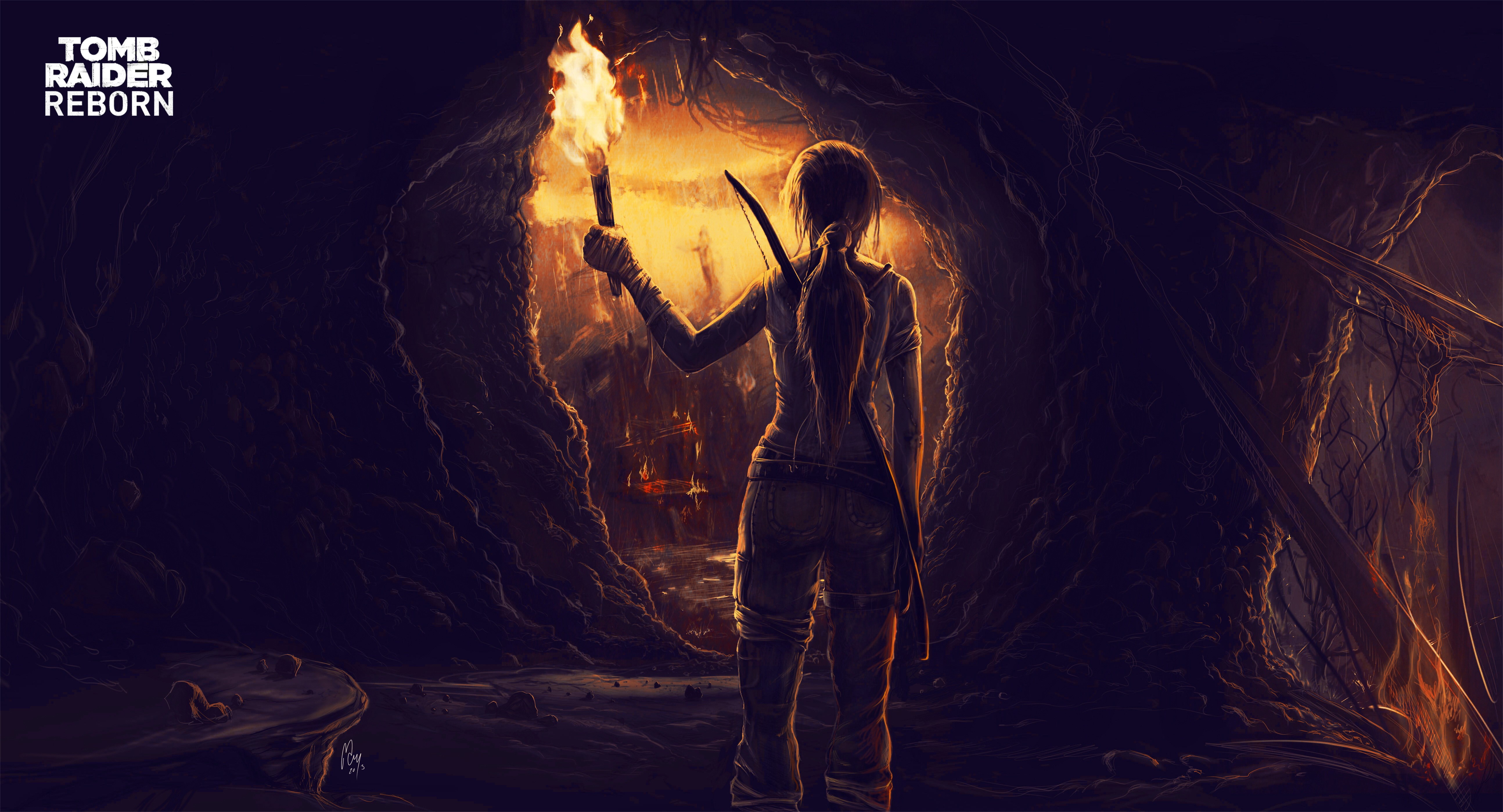 Lara Croft from Tomb Raider holding a torch in a cave HD Wallpaper