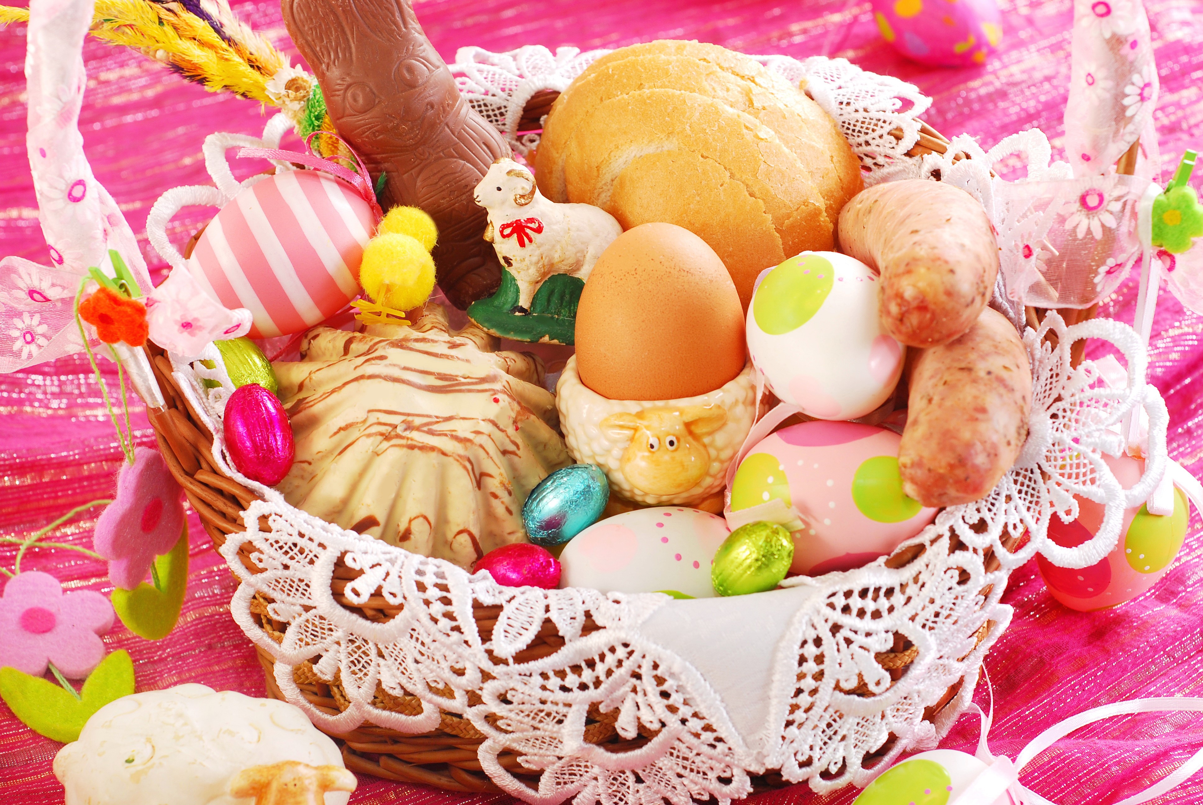 Easter basket with chocolate, eggs, bread, and sausages HD Wallpaper
