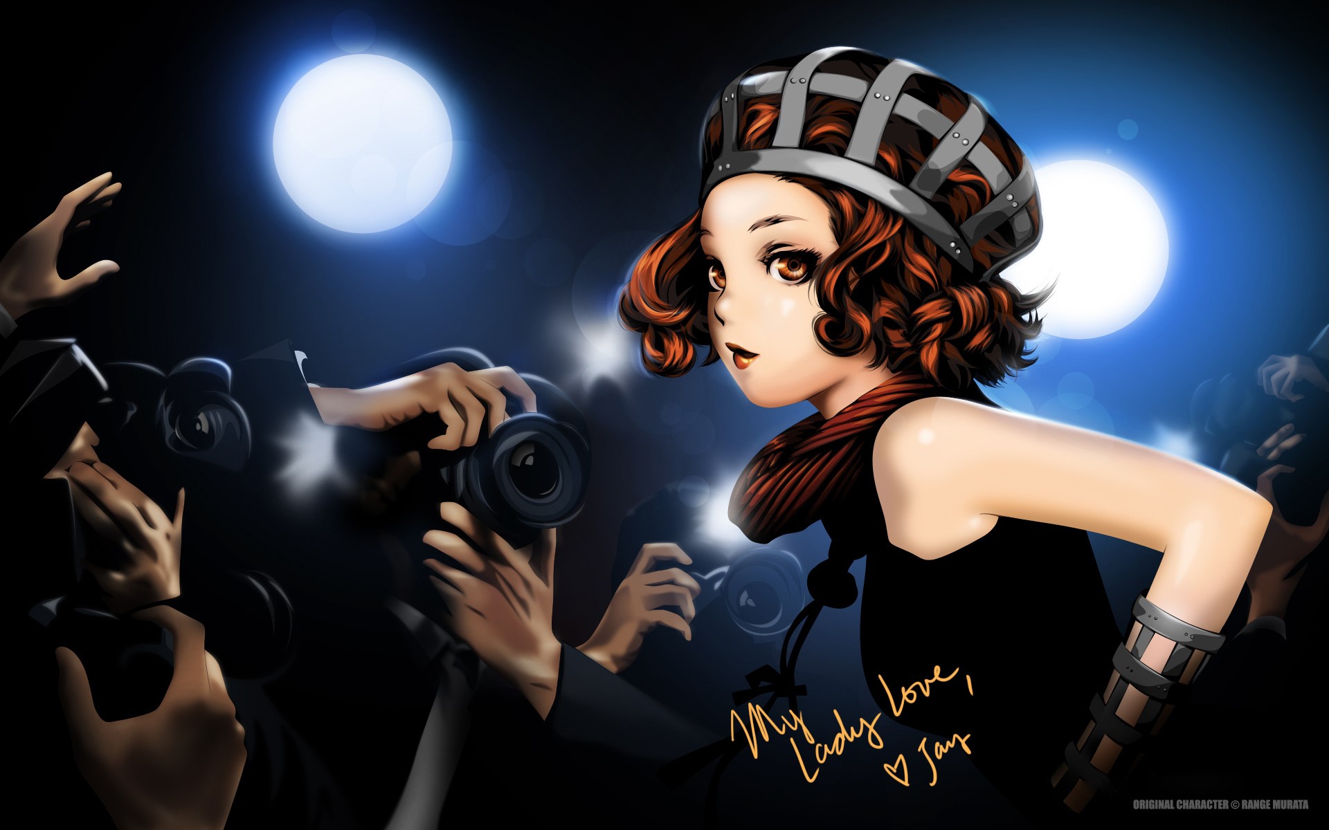 Redhead girl with camera flashes HD Wallpaper
