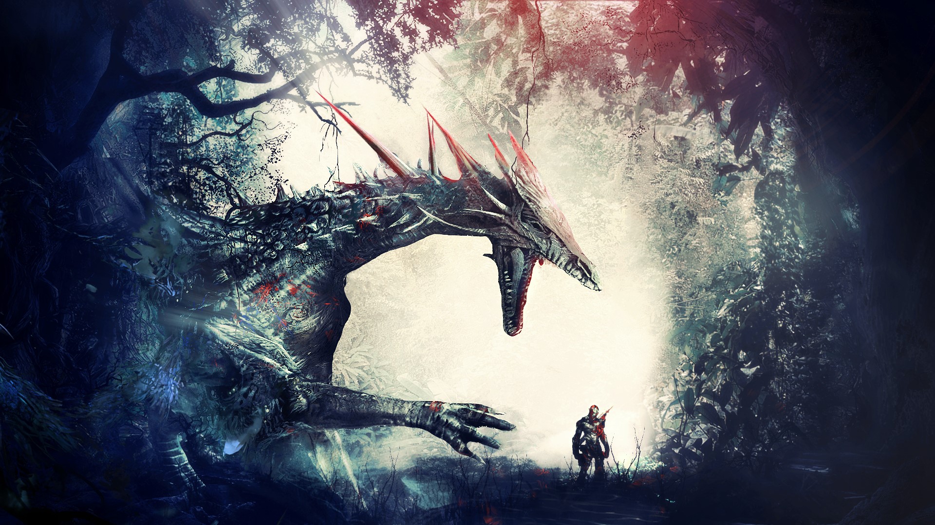 Dragon and warrior in a dark forest HD Wallpaper