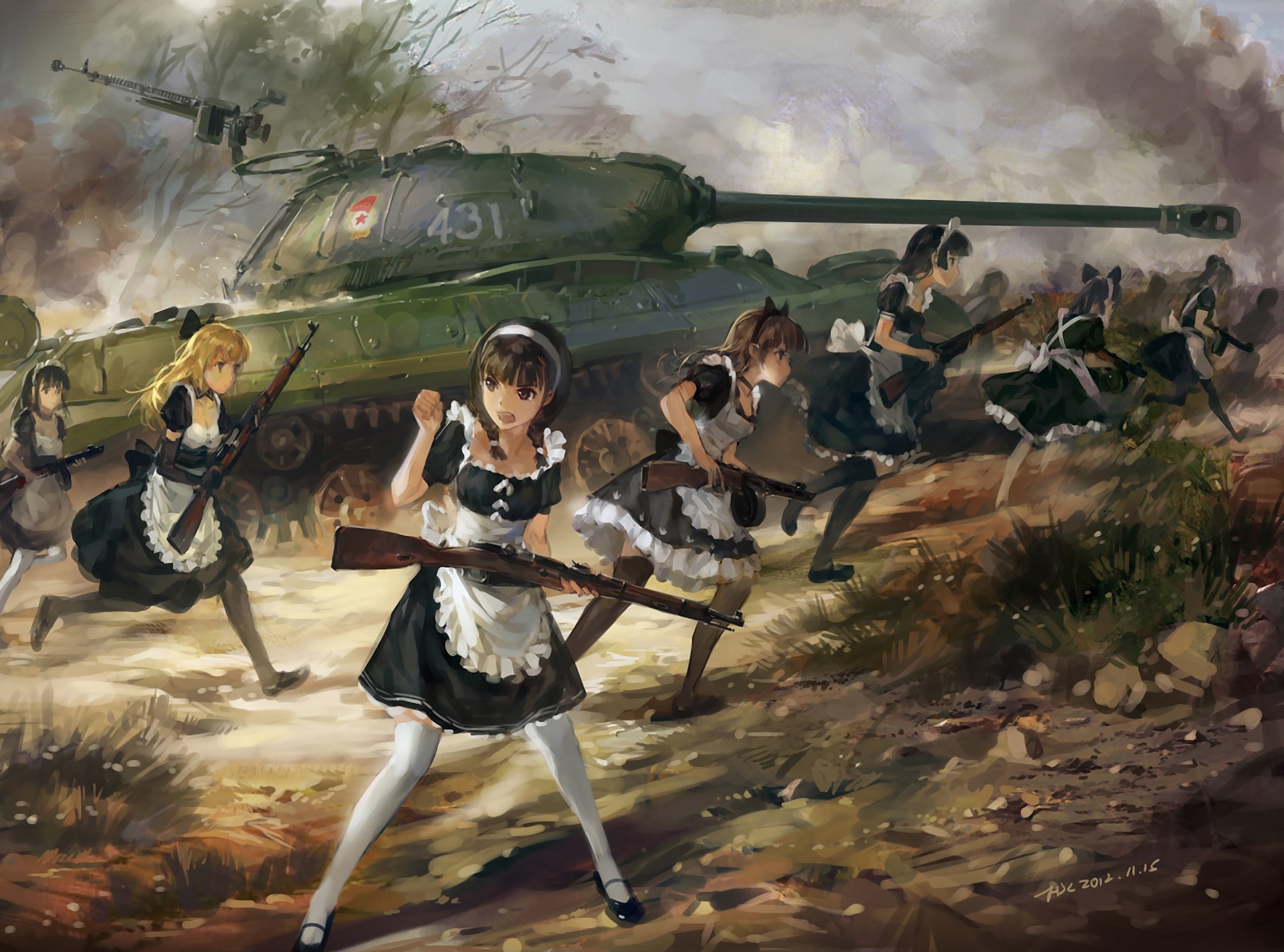 Anime girls in maid outfits with rifles near an IS-3 tank HD Wallpaper