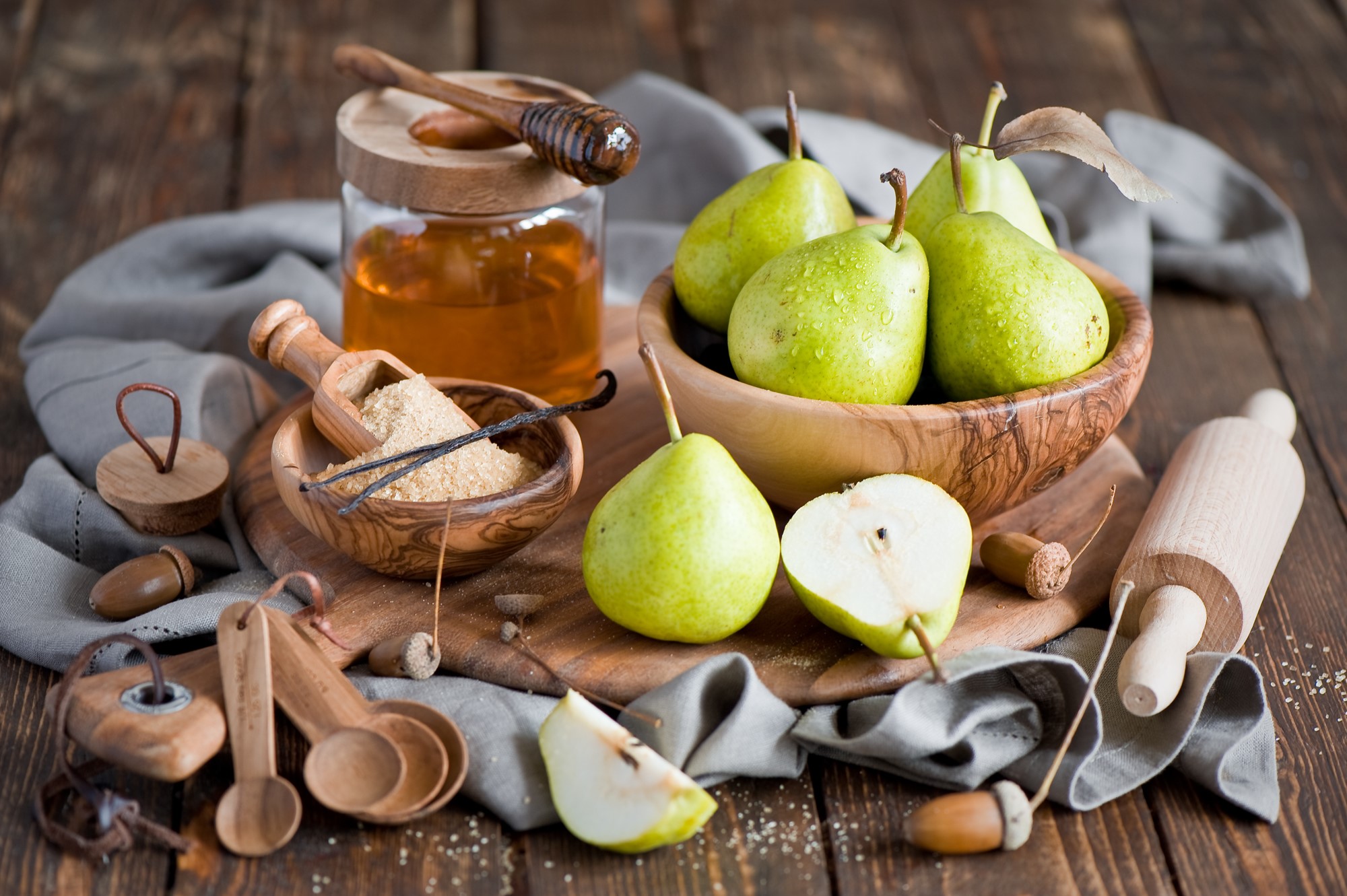 Pears, Honey, and Baking Ingredients on Wooden Table HD Wallpaper