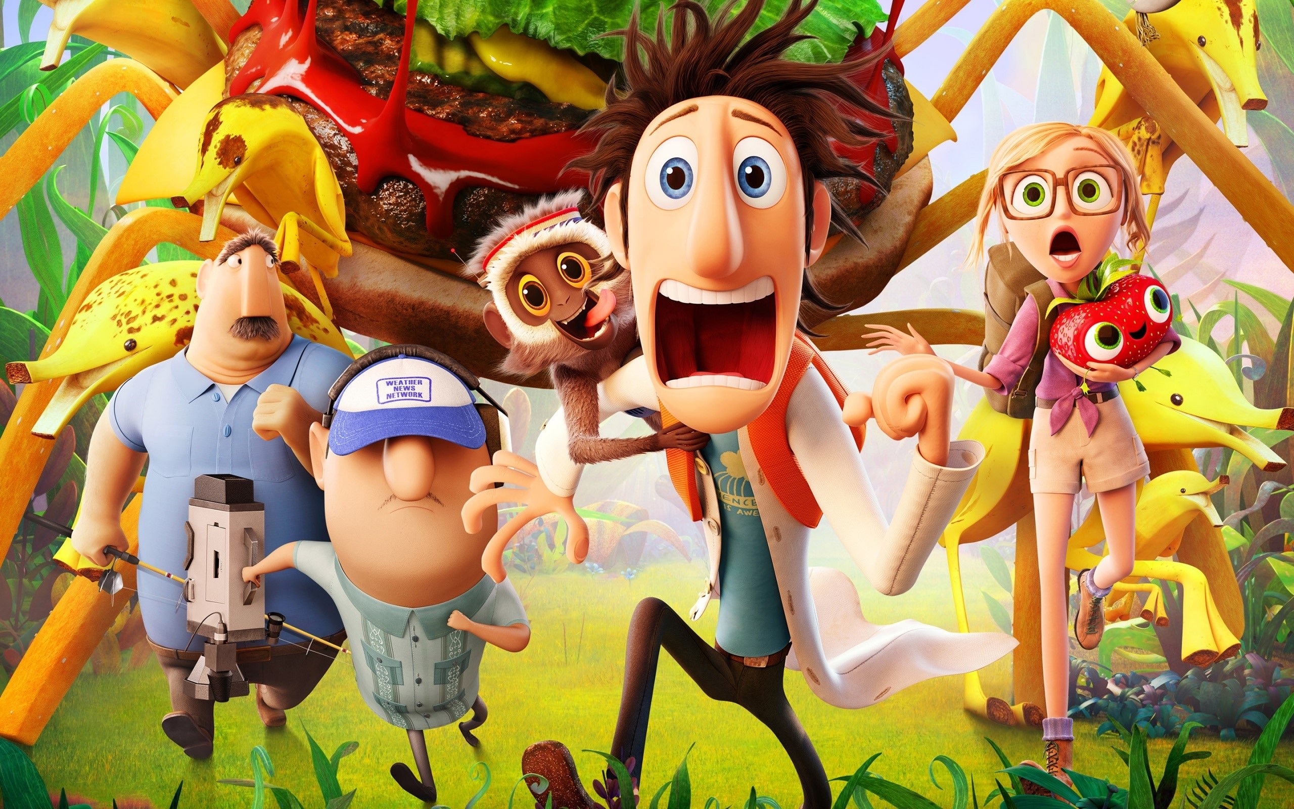 Cloudy with a Chance of Meatballs characters with food HD Wallpaper
