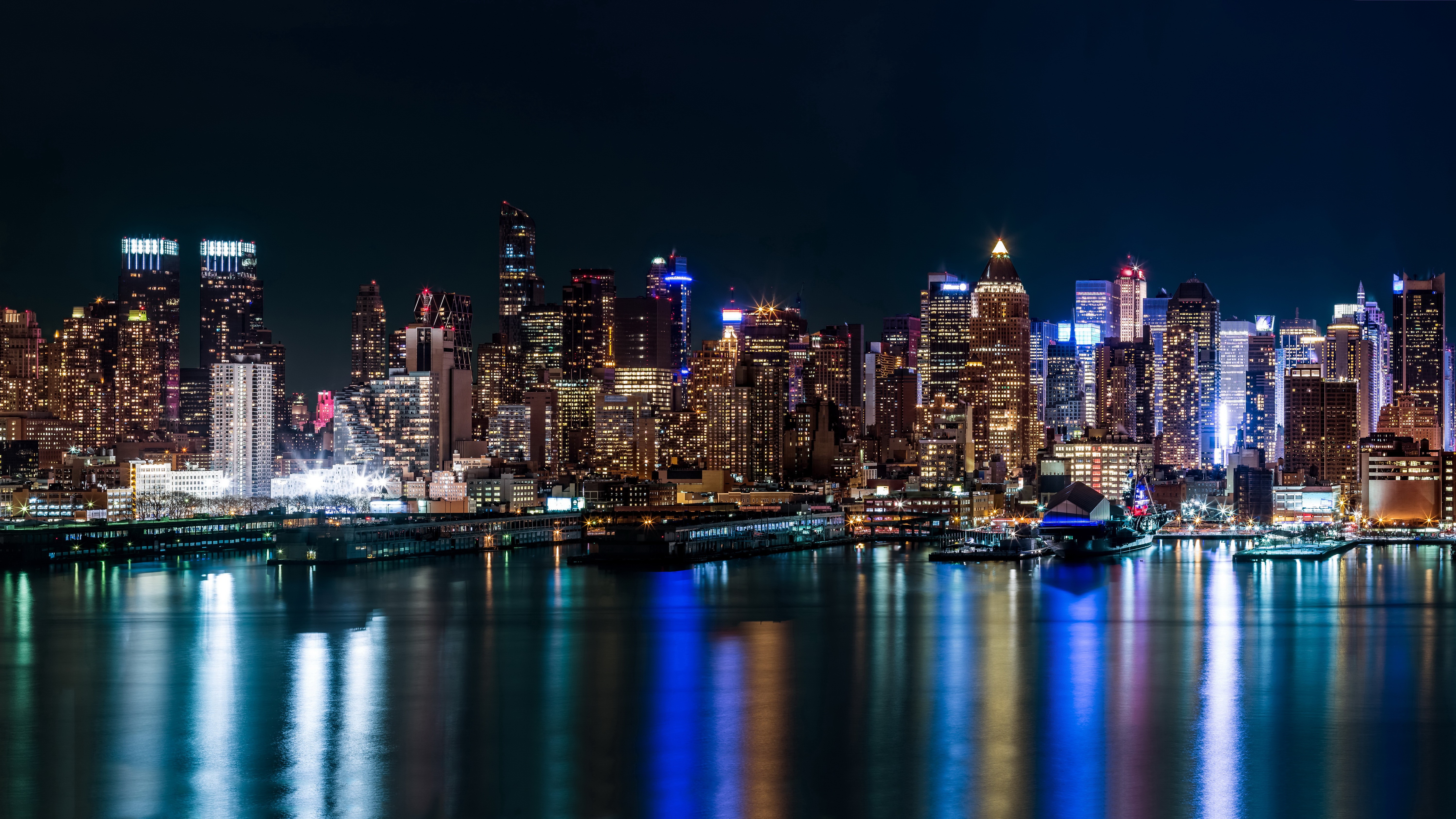 New York City Skyline at Night over River HD Wallpaper