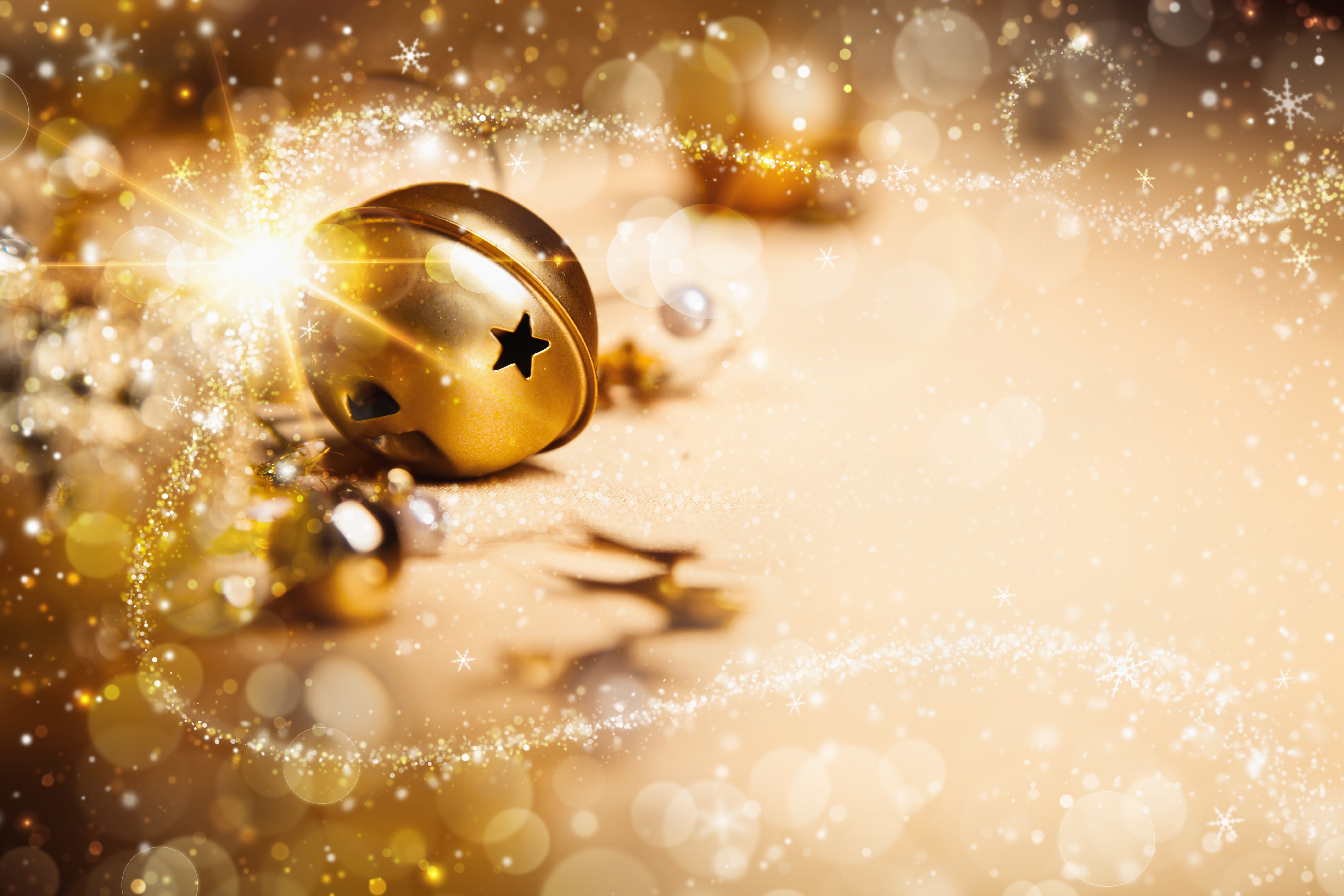 Golden Christmas Bell with Snowflakes and Bokeh HD Wallpaper