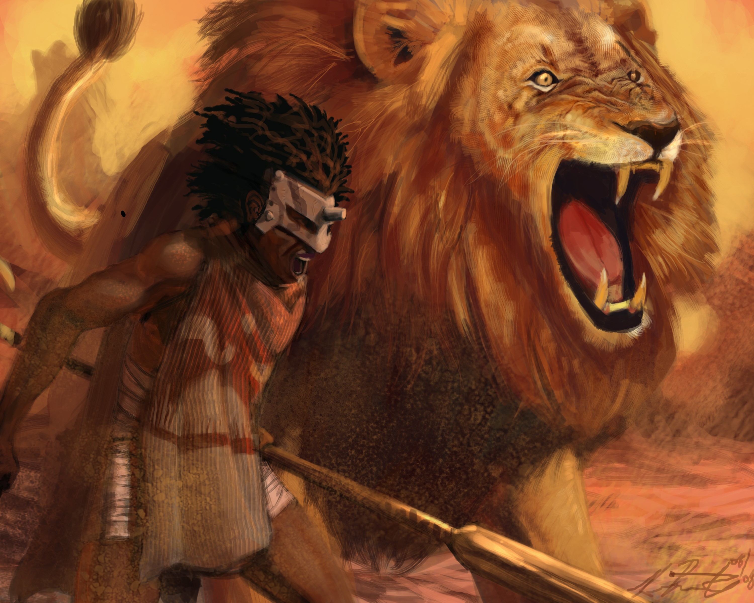 Warrior with mask facing a roaring lion HD Wallpaper