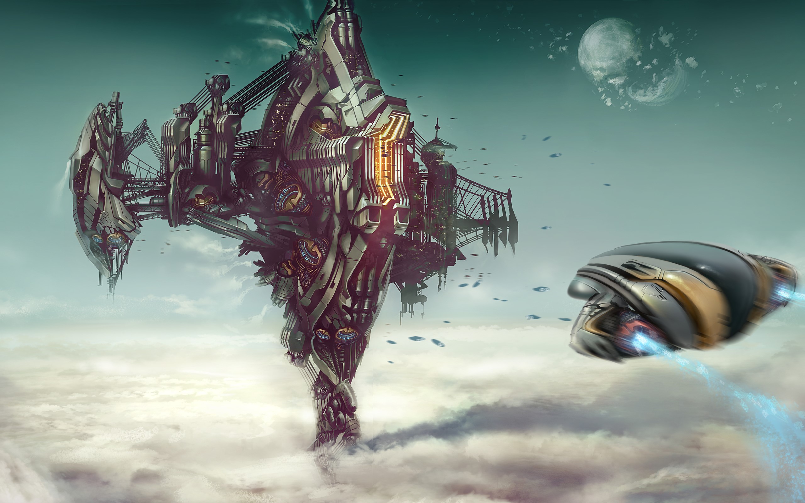 Futuristic floating city and spaceship in the clouds HD Wallpaper