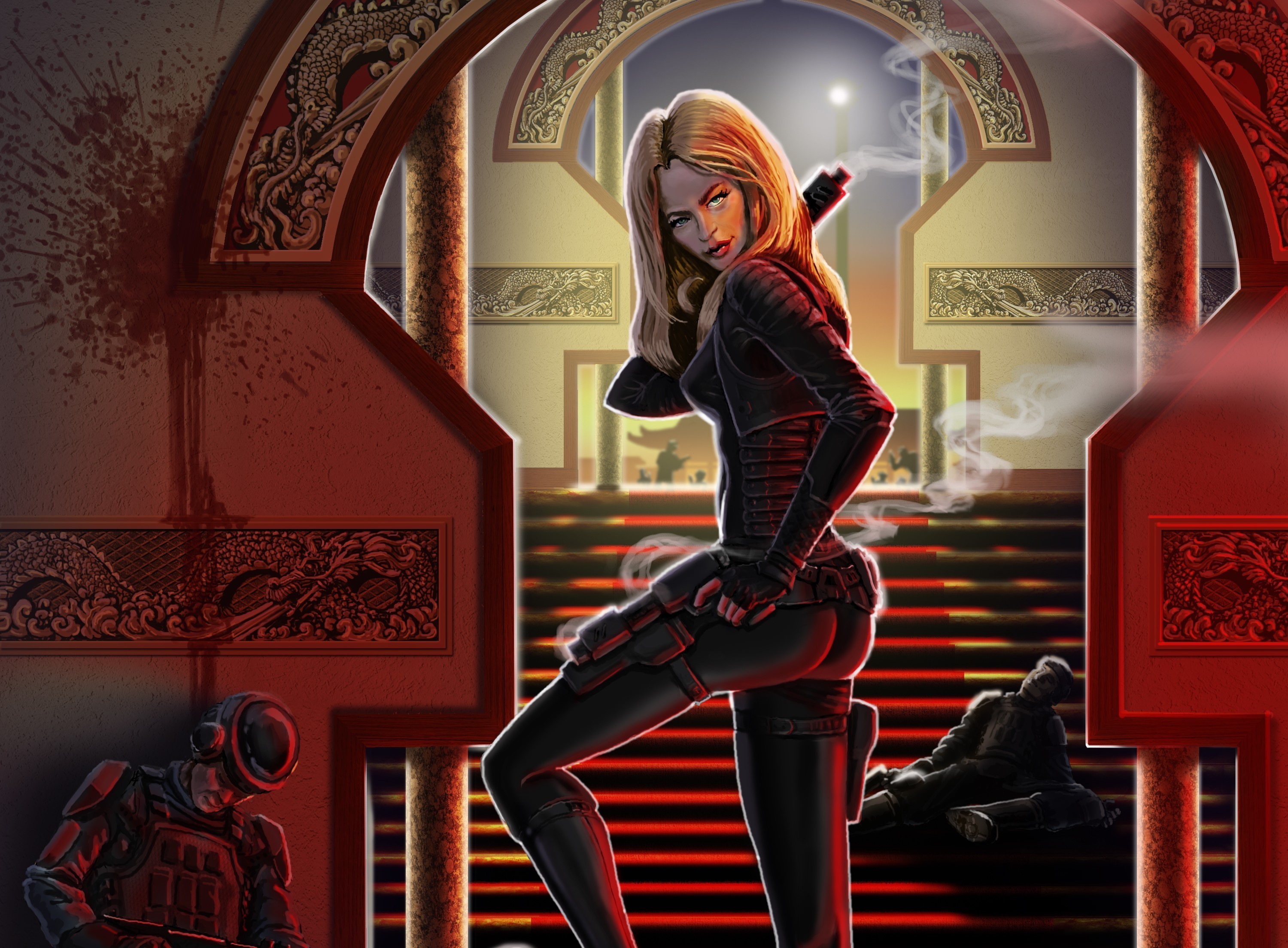 Blonde woman with guns in a bloody palace HD Wallpaper