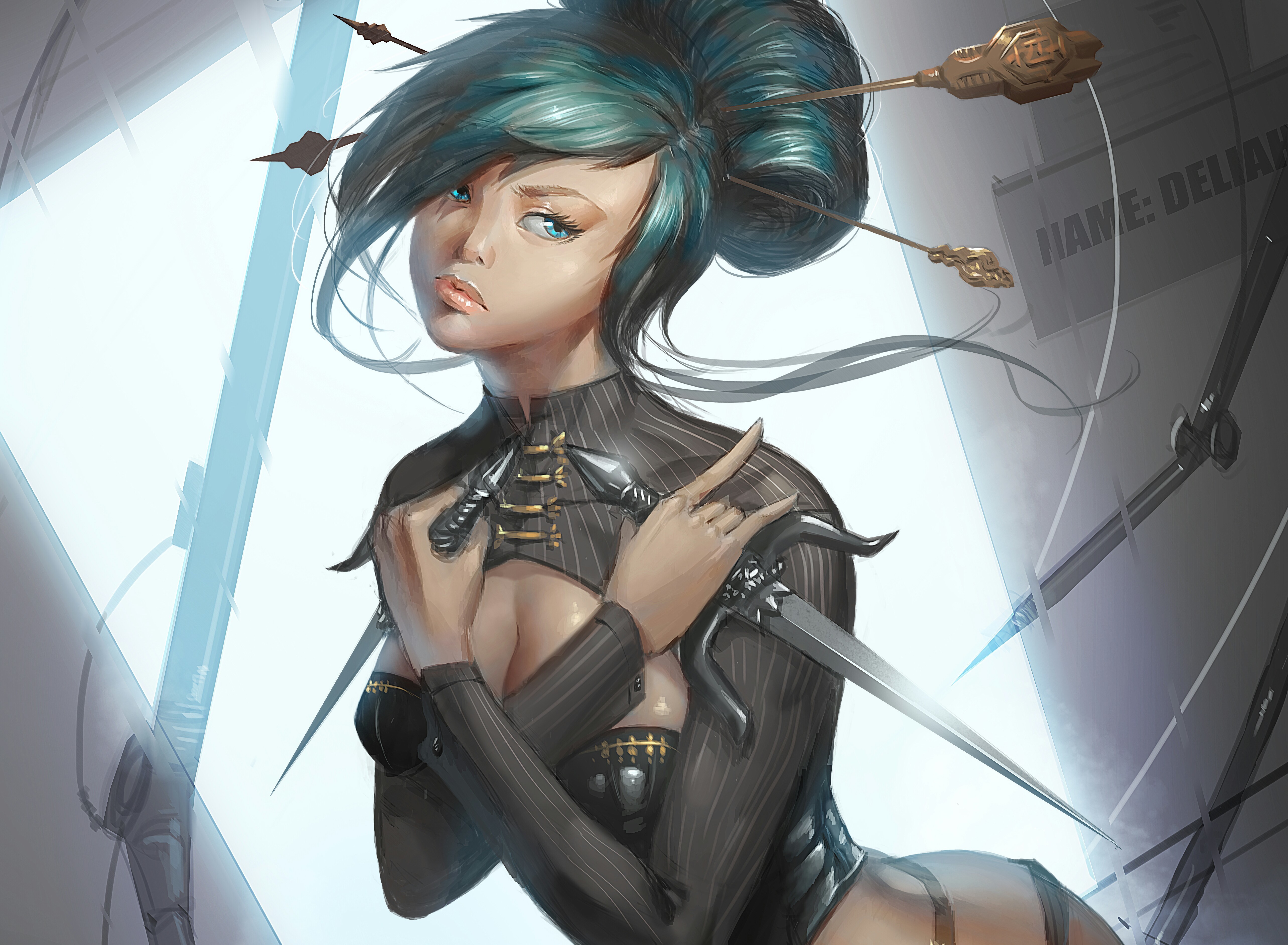 Woman with knives and hairpins HD Wallpaper