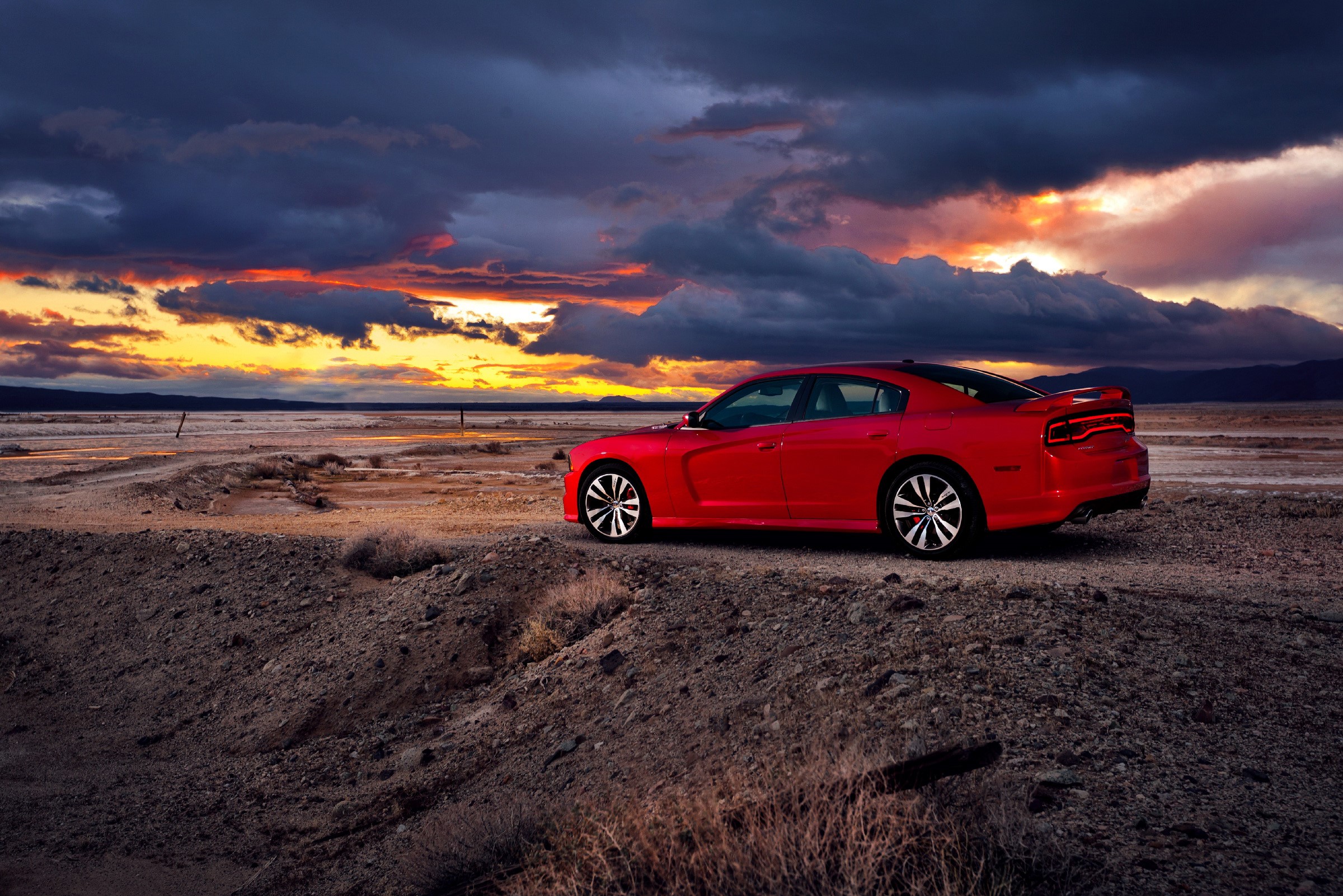 Red Dodge Charger SRT8 at sunset HD Wallpaper