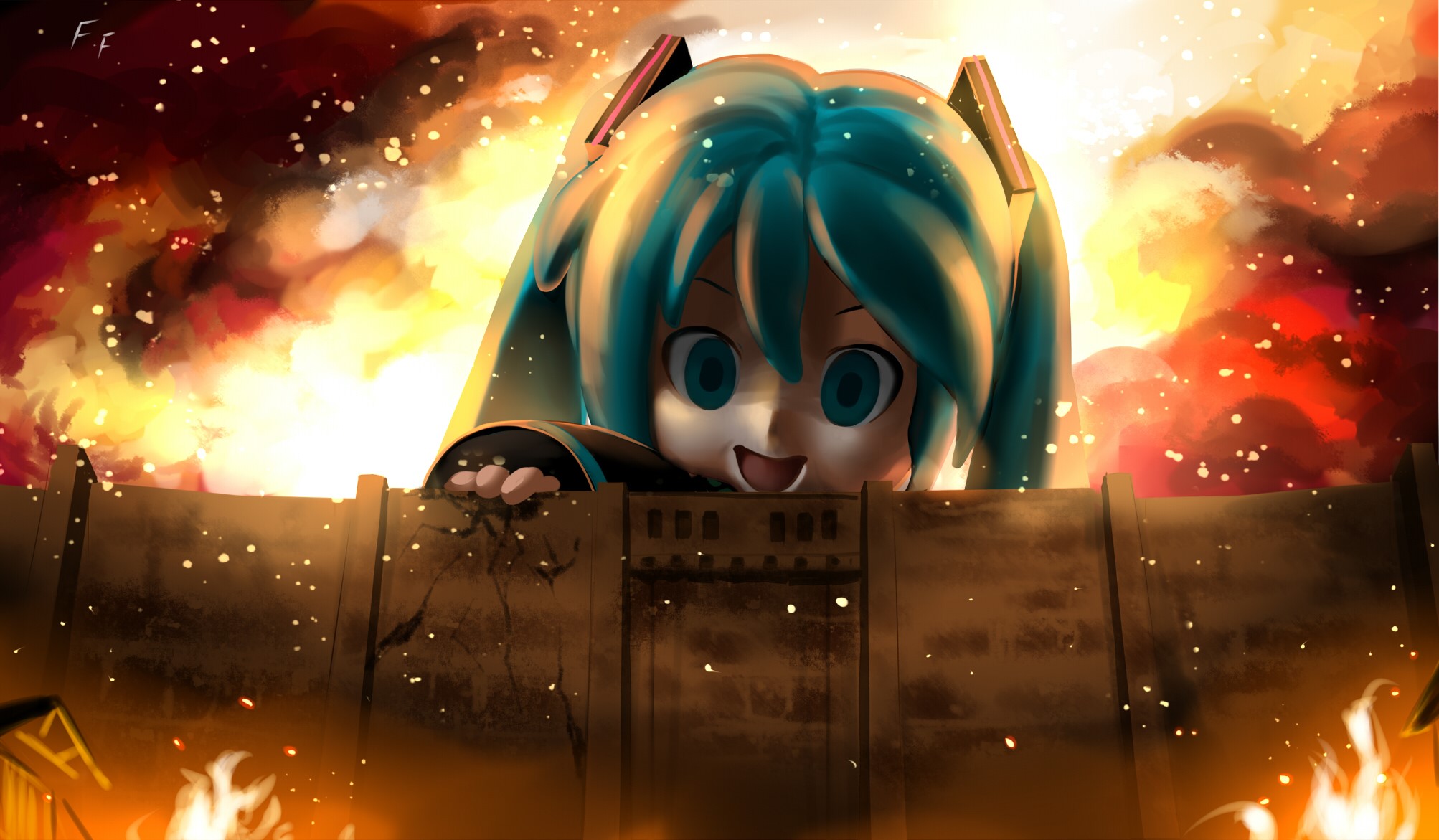Hatsune Miku as a Titan over a burning city HD Wallpaper