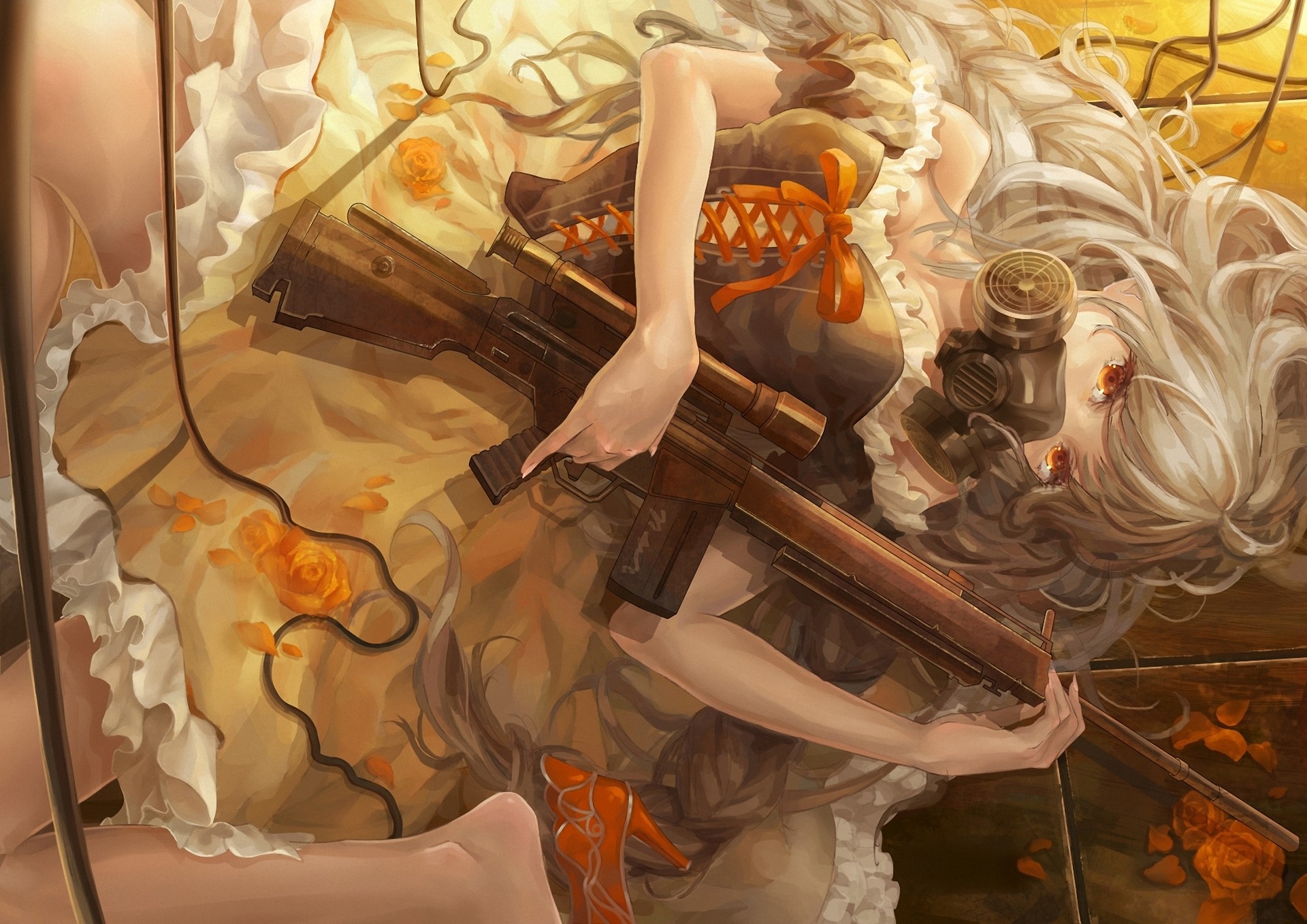 Girl with blonde hair and gas mask holding assault rifle HD Wallpaper