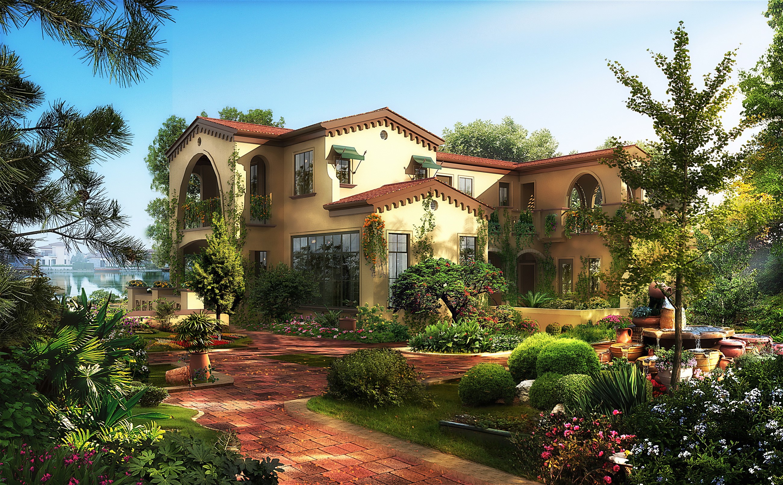 Luxury villa with a manicured garden and water feature HD Wallpaper