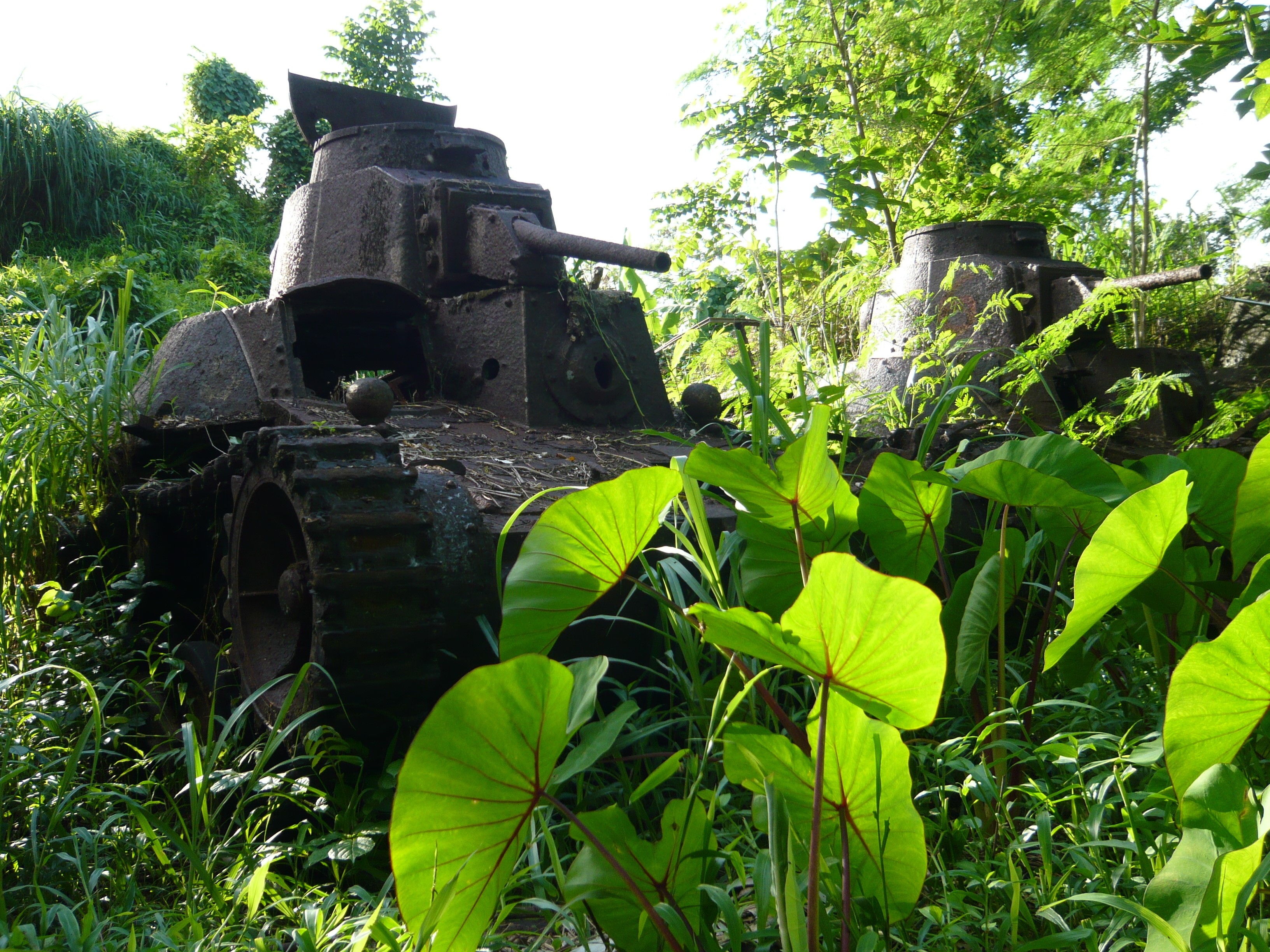 Abandoned Japanese Ha-Go tanks in overgrown jungle HD Wallpaper