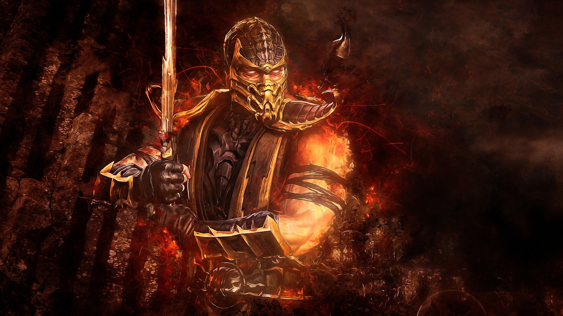 Scorpion from Mortal Kombat holding a sword HD Wallpaper