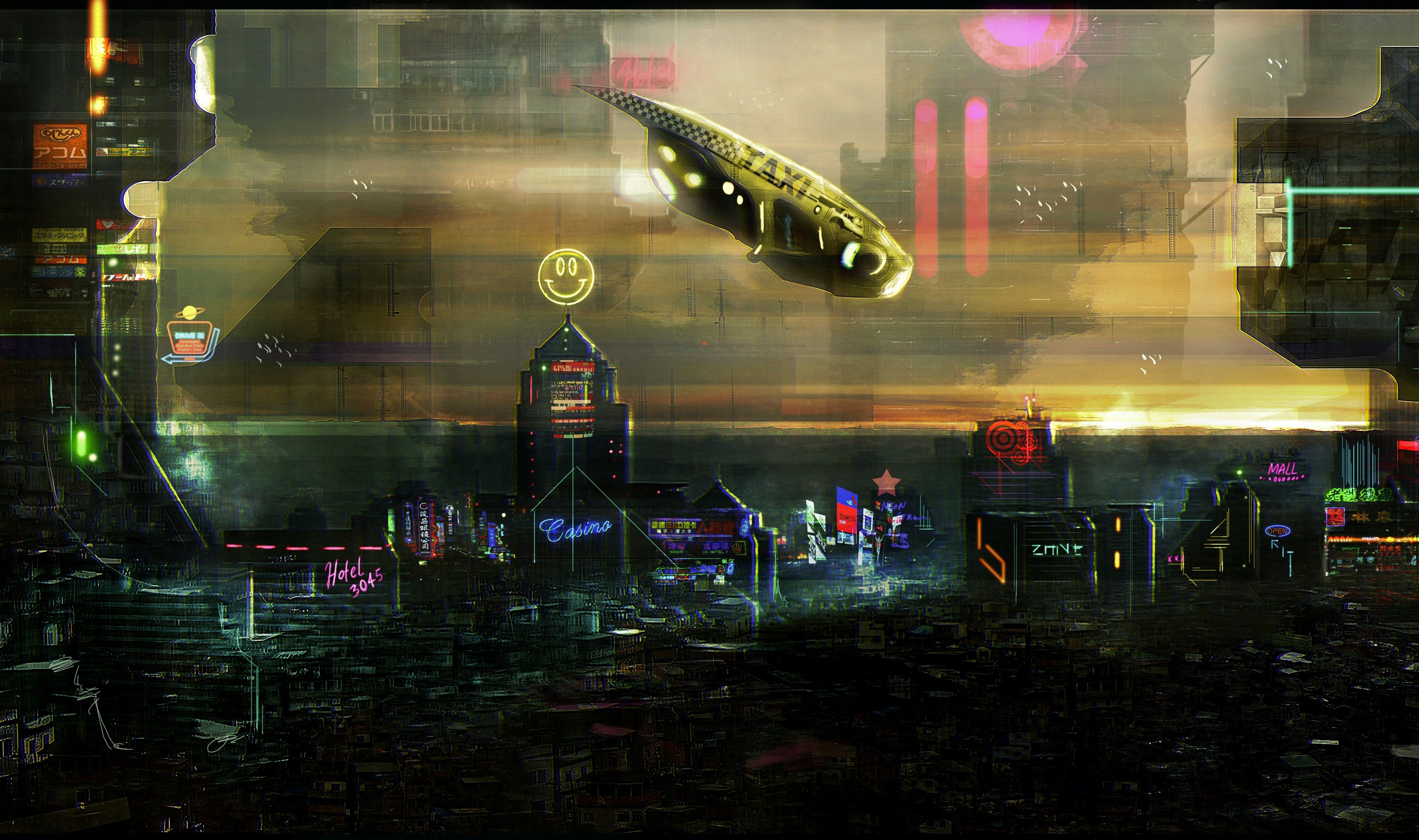 Futuristic Cityscape with Flying Vehicle HD Wallpaper
