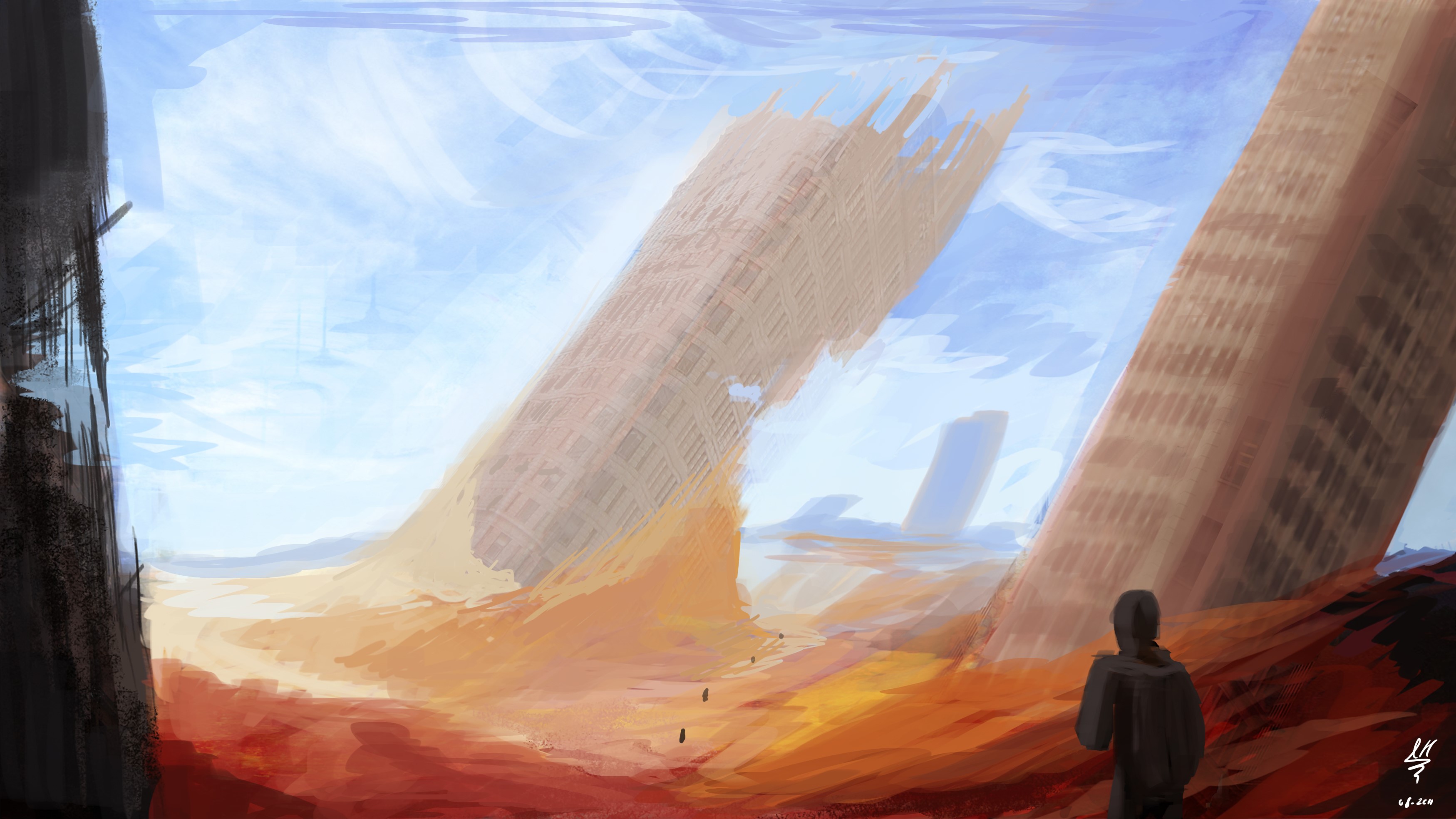 Apocalyptic landscape with ruined skyscrapers and figures HD Wallpaper