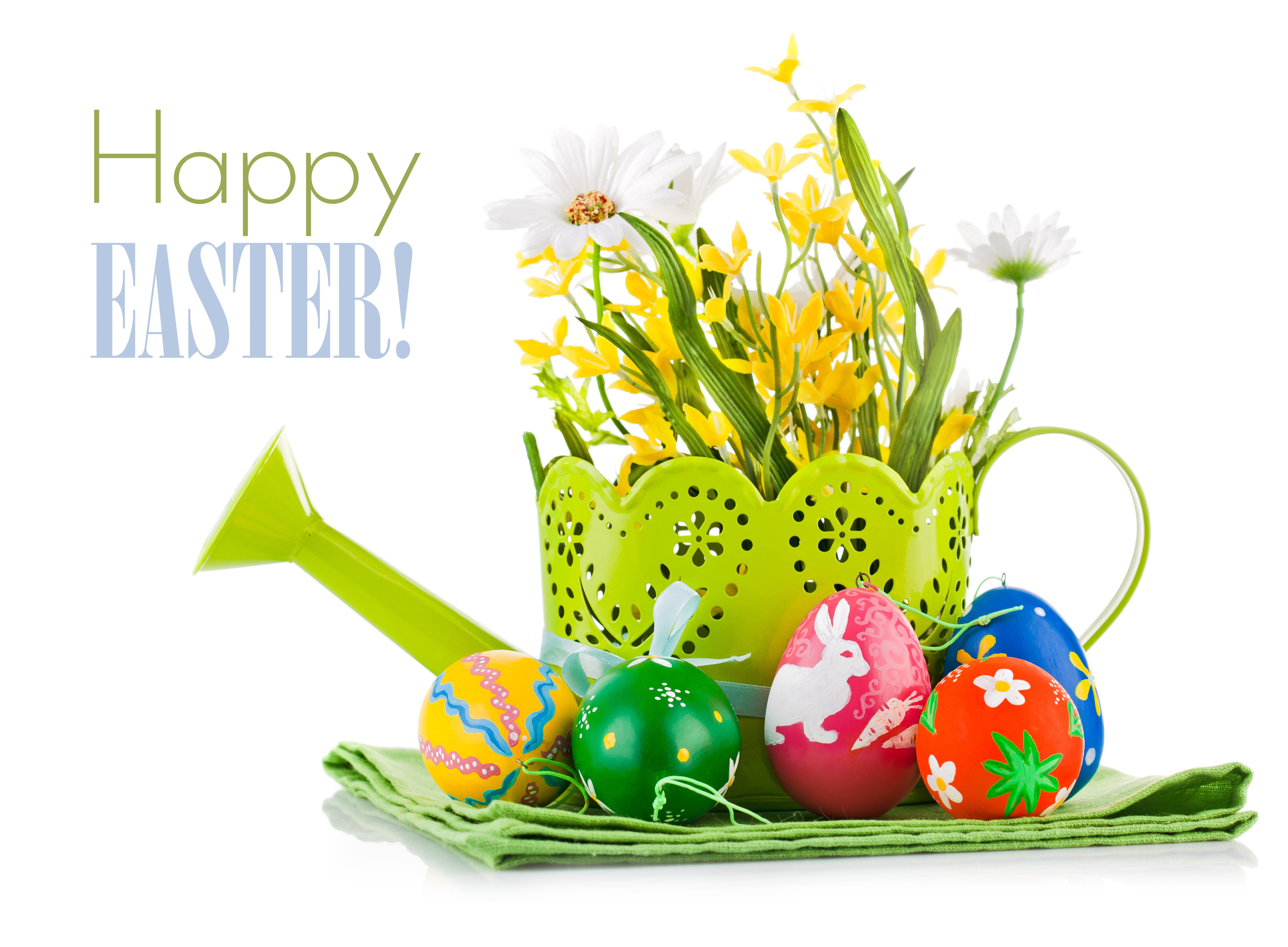 Happy Easter watering can with decorated eggs HD Wallpaper
