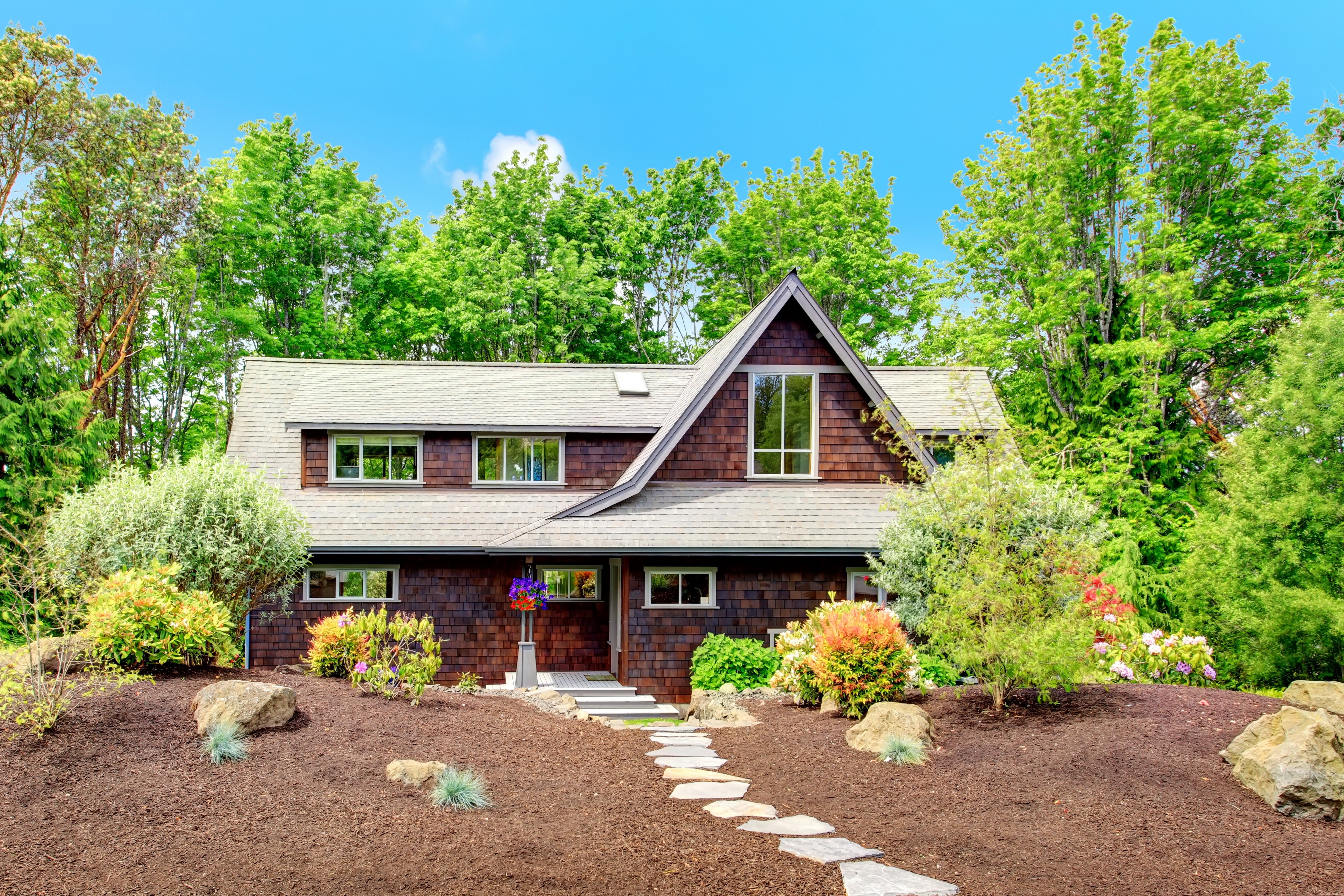 Brown Shingle House with Landscaping HD Wallpaper
