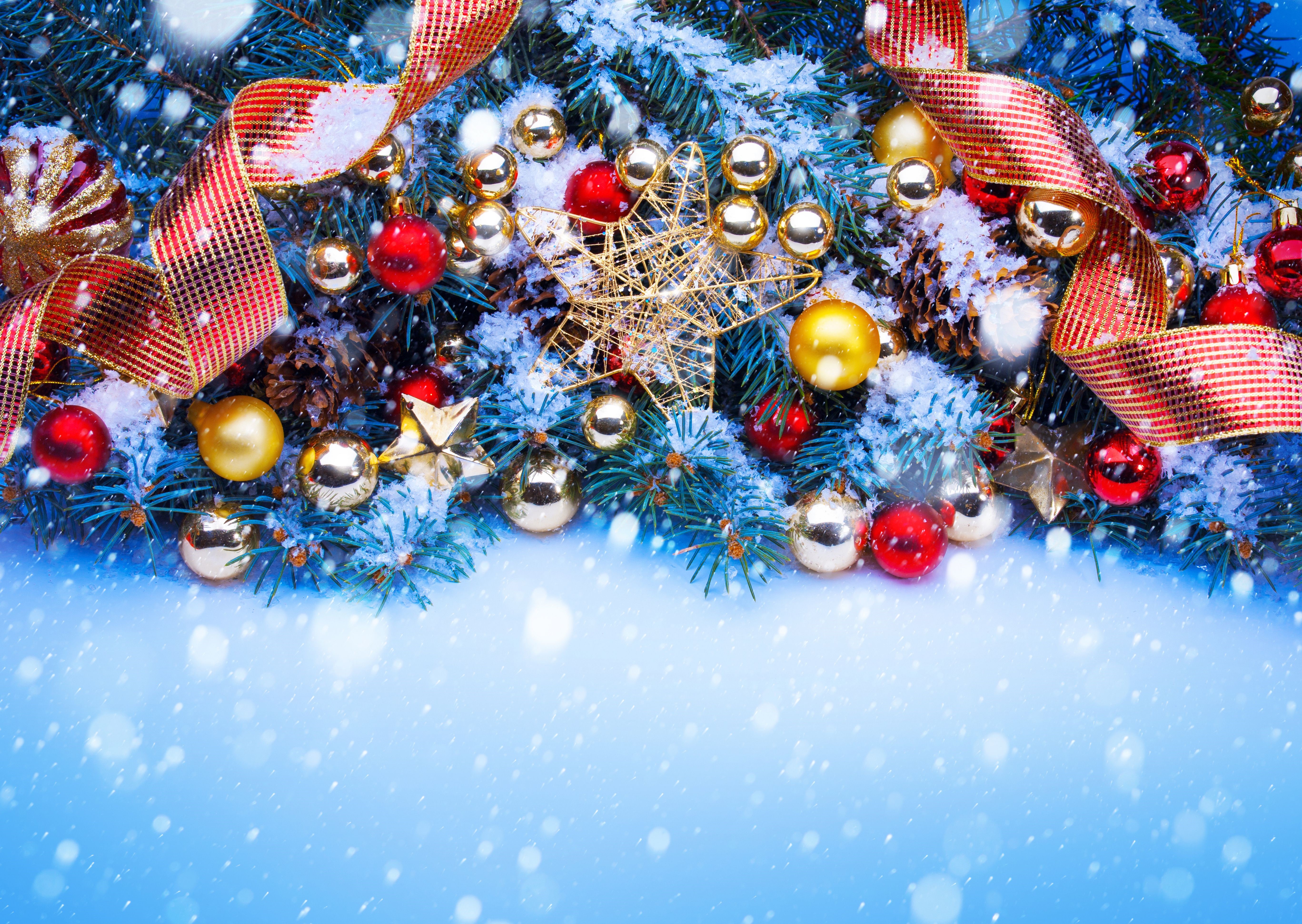 Christmas Tree Branches with Ornaments and Snow HD Wallpaper