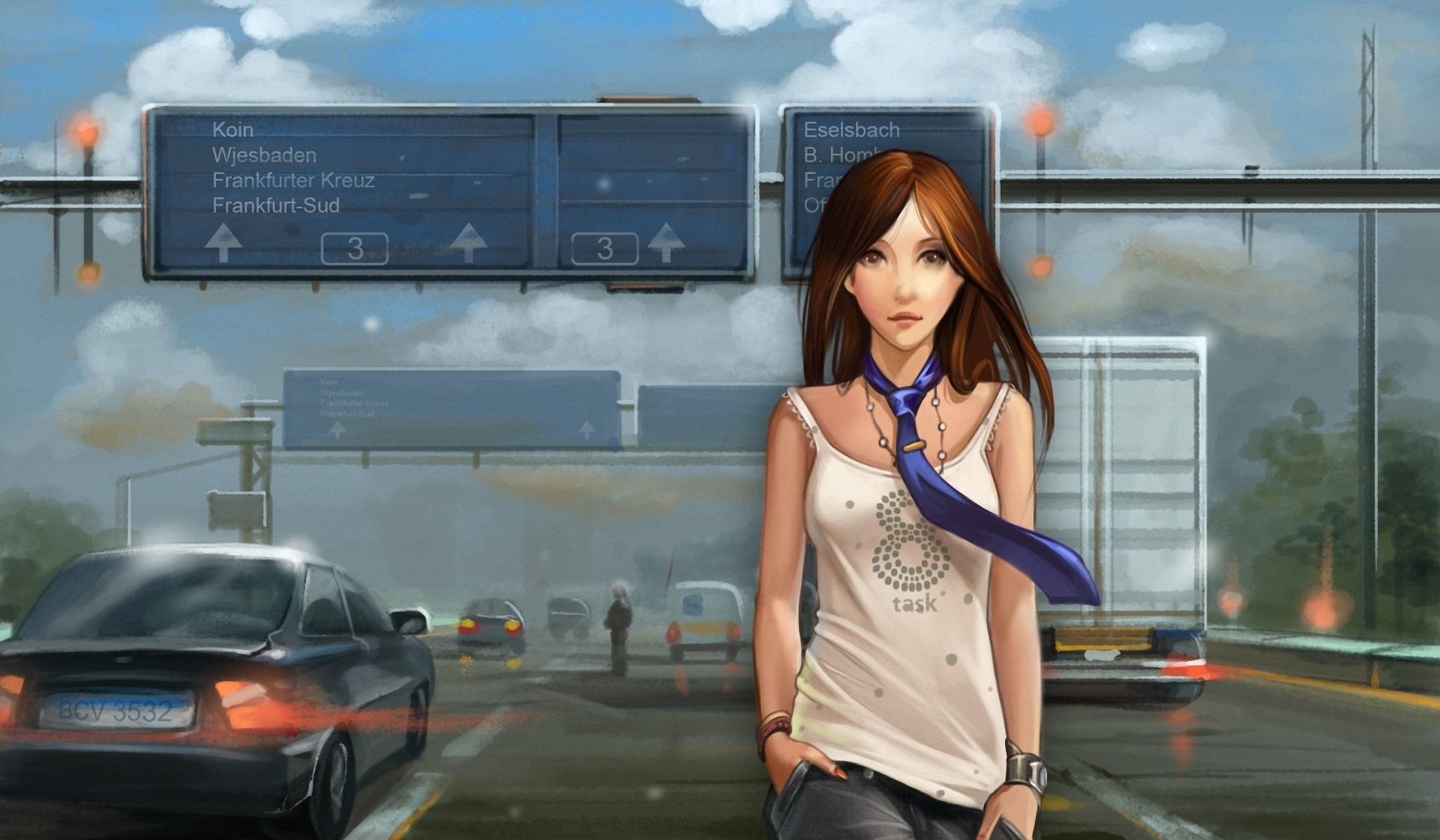 Girl on a highway with road signs HD Wallpaper