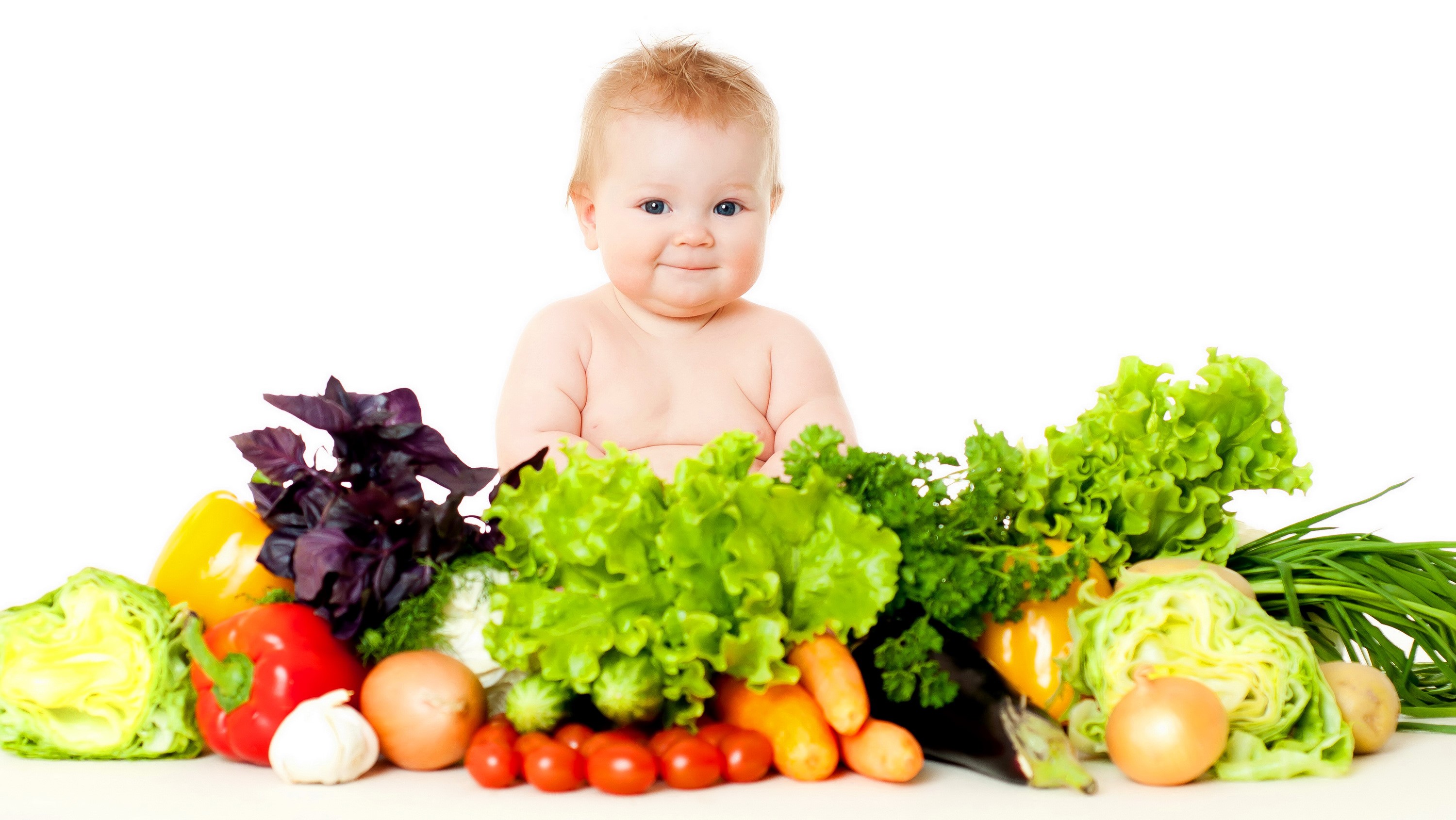 Baby with a pile of fresh vegetables HD Wallpaper