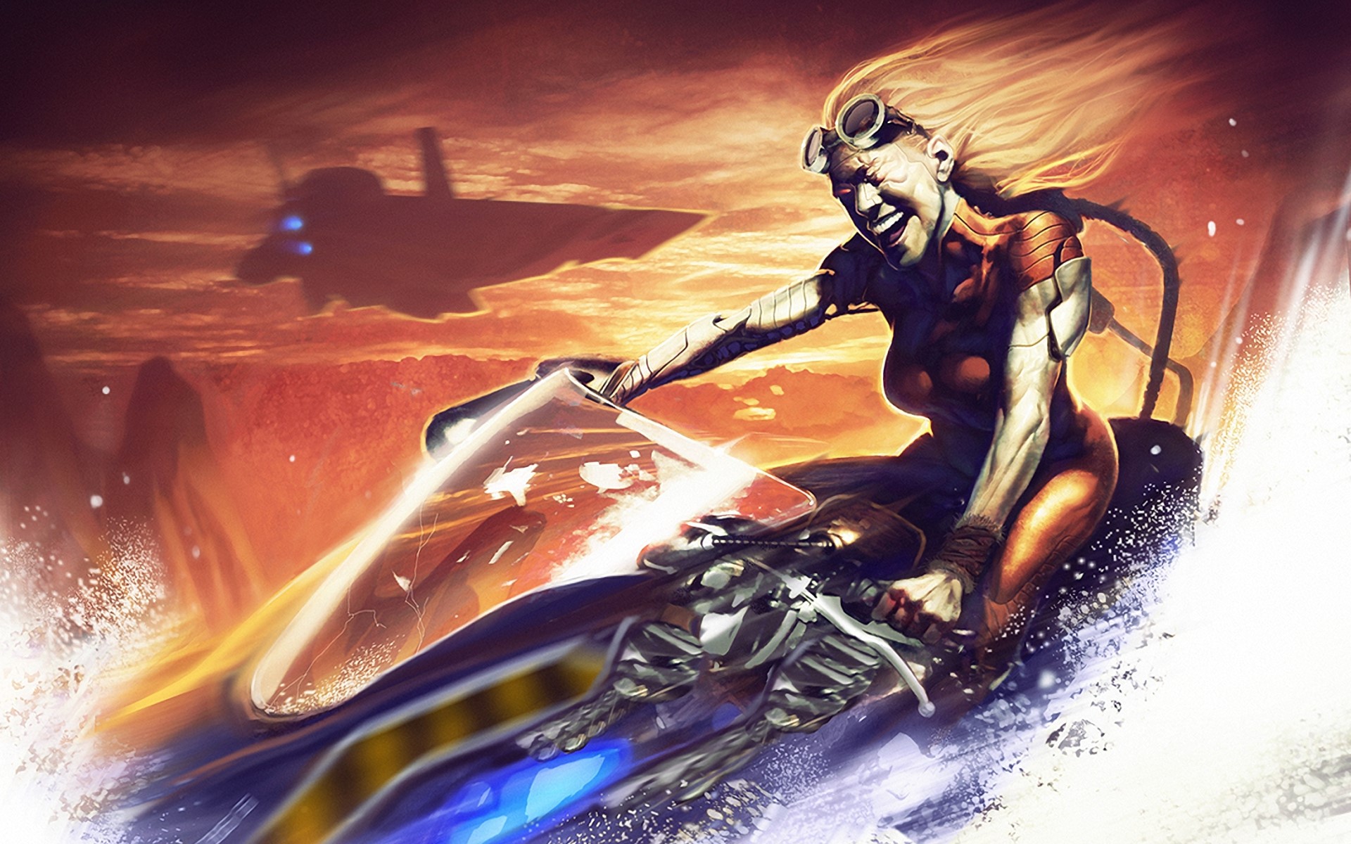 Woman riding a futuristic jet ski with a plane in the background HD Wallpaper
