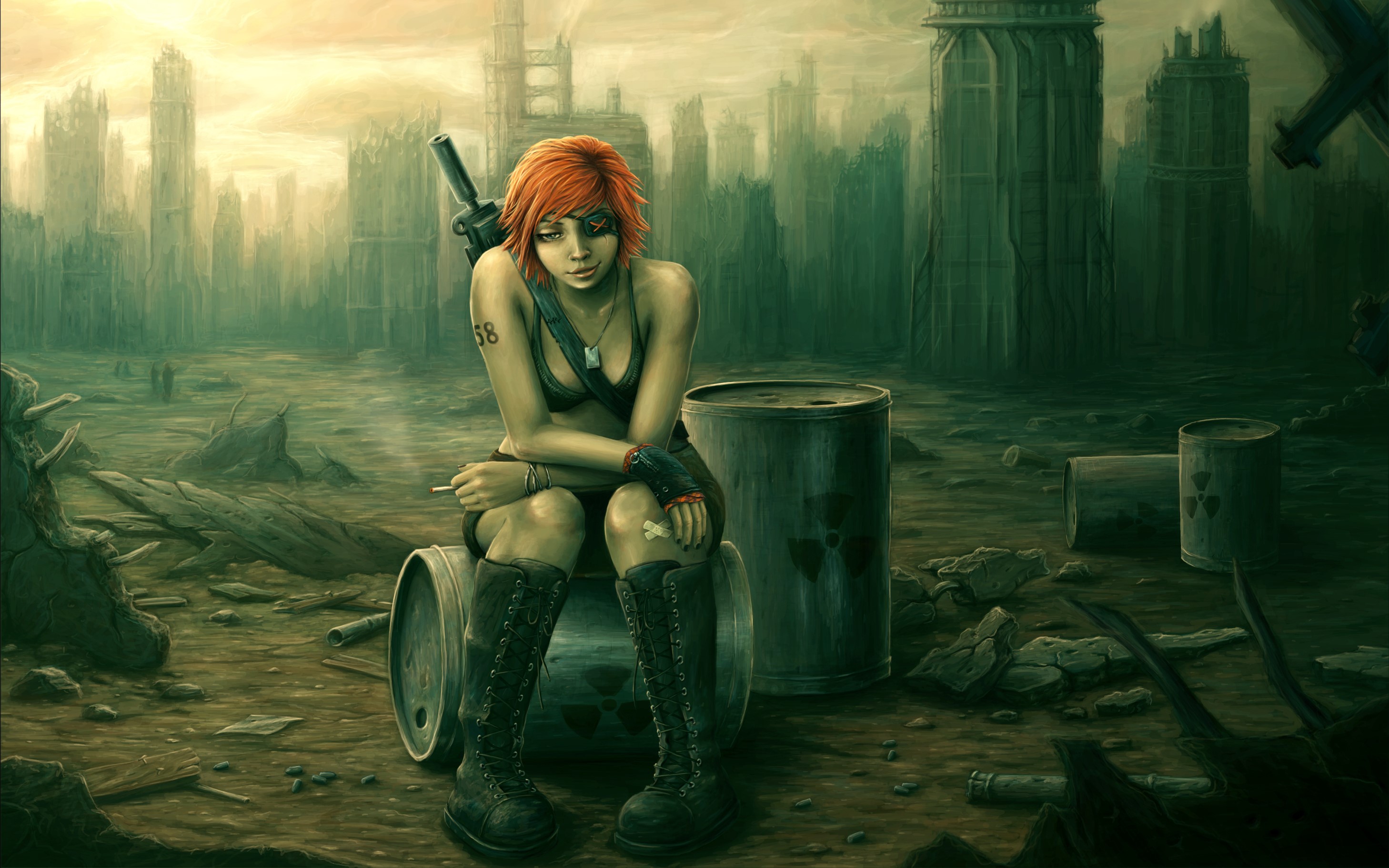 Redhead warrior girl in post-apocalyptic city HD Wallpaper