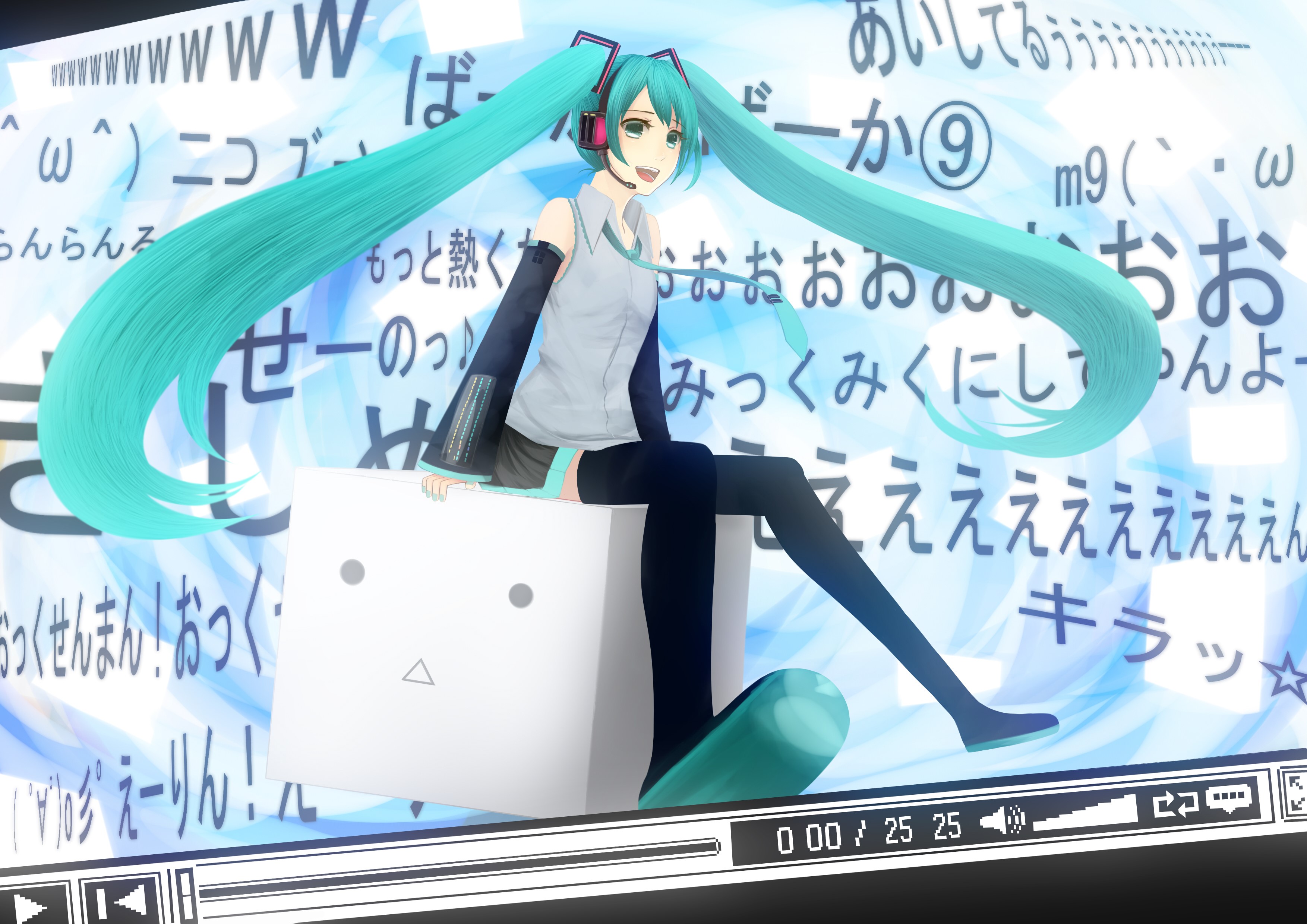 Hatsune Miku sitting on a cube with Japanese text background HD Wallpaper