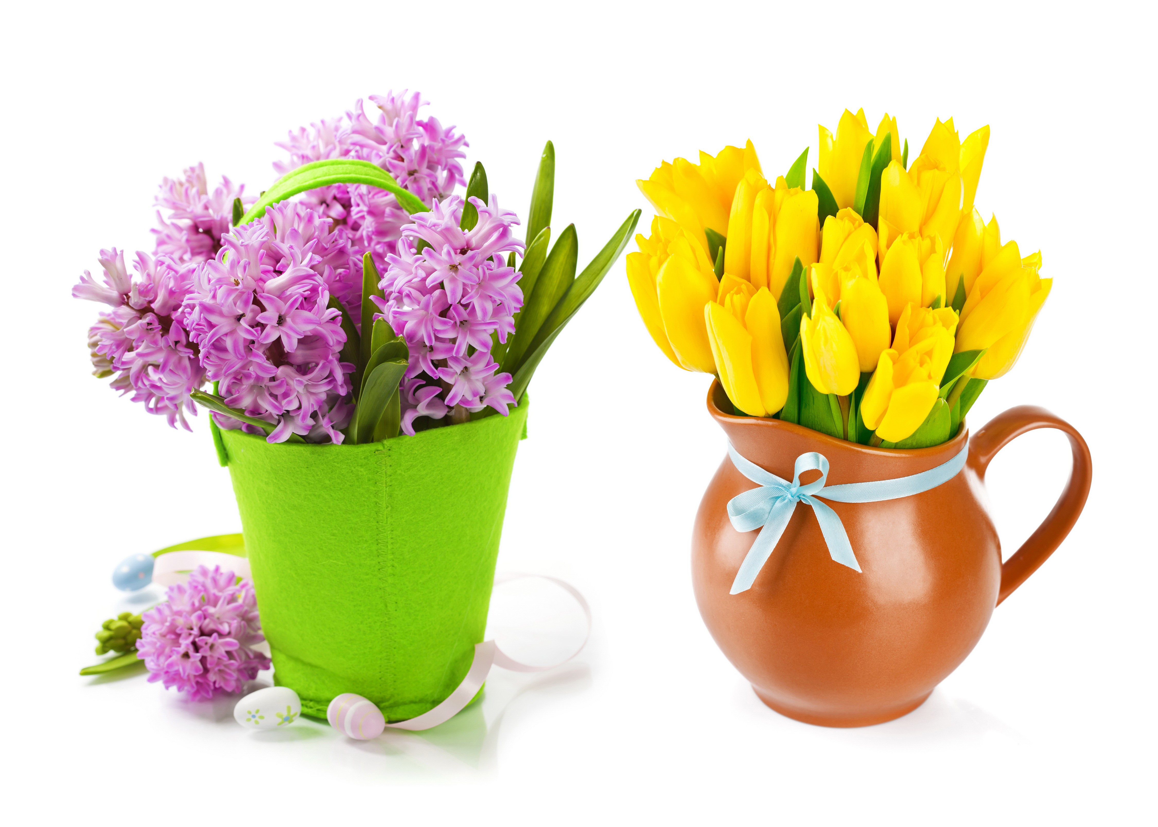 Pink Hyacinths in green bucket and yellow tulips in jug HD Wallpaper