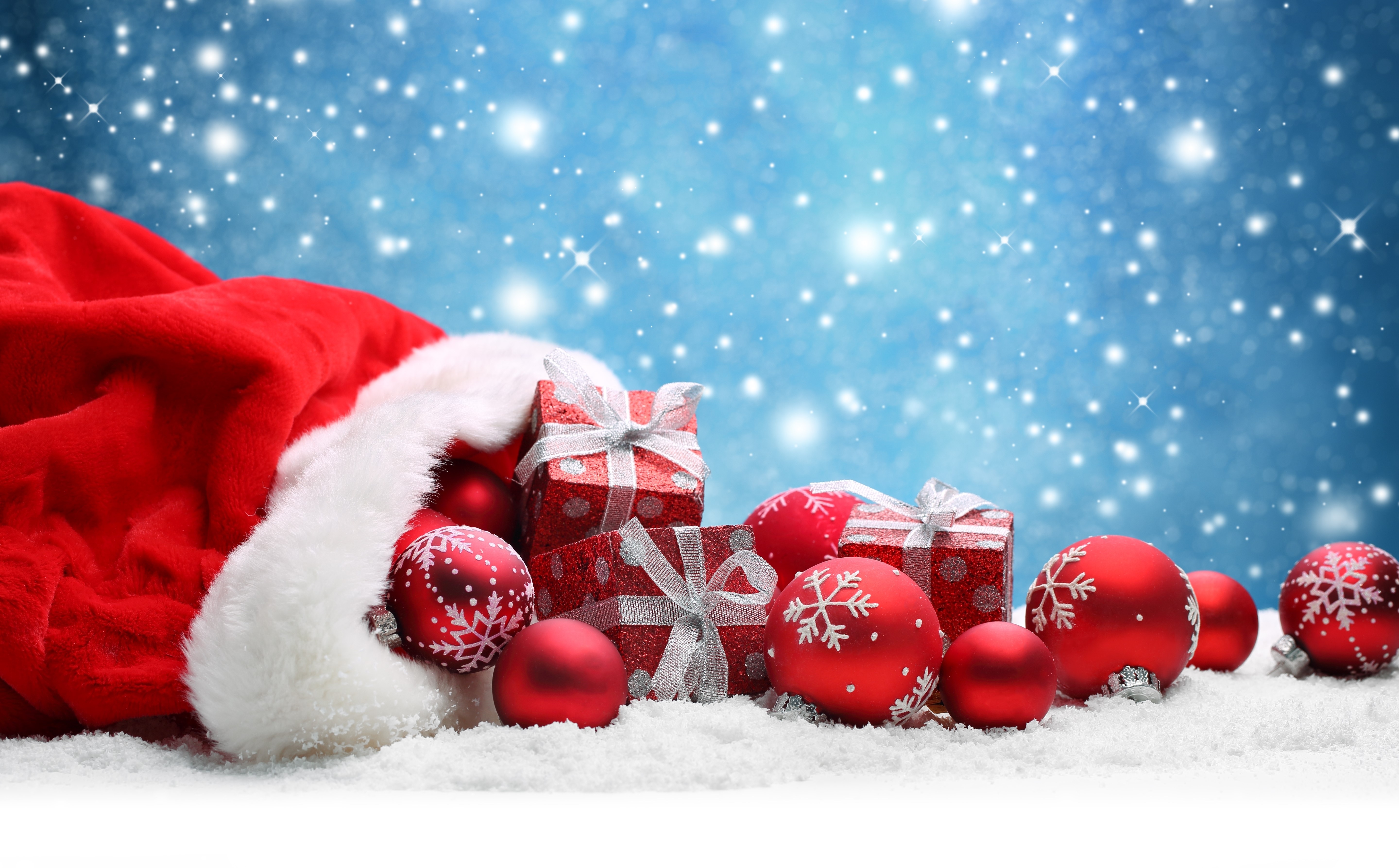 Christmas Gifts and Ornaments in Snow HD Wallpaper