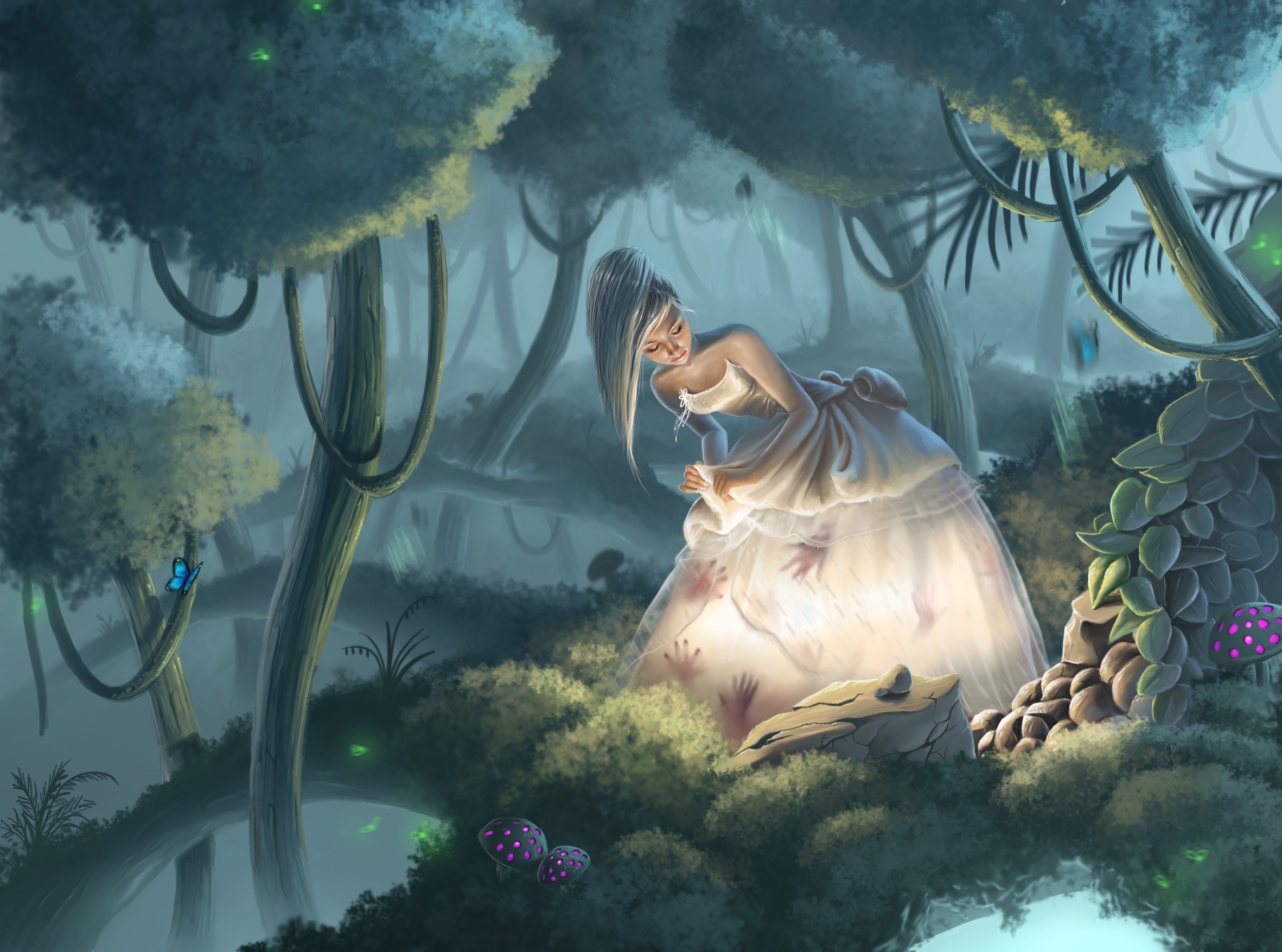 Girl in a white dress in a magical forest HD Wallpaper