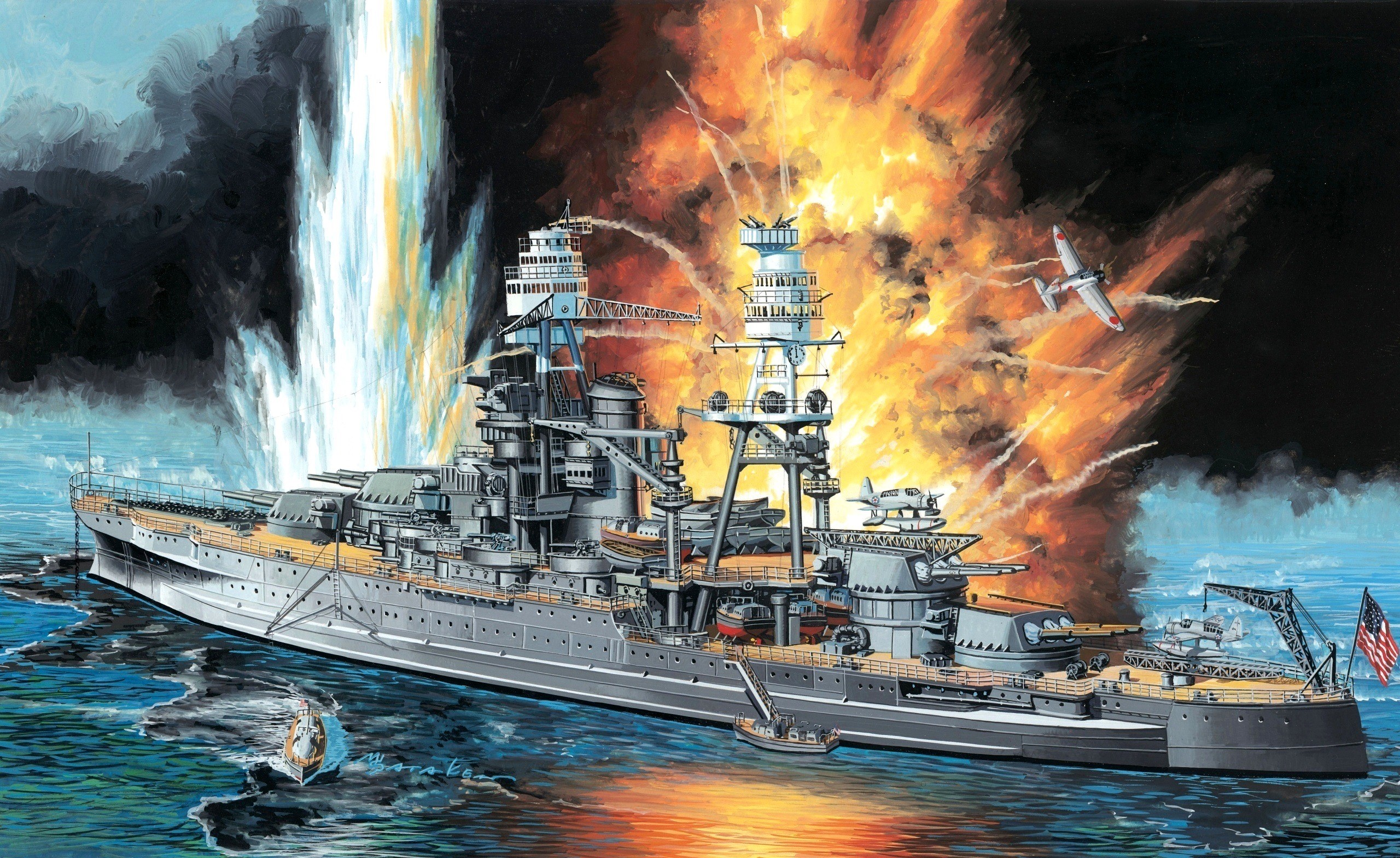 Painting of the USS Arizona during the attack on Pearl Harbor HD Wallpaper