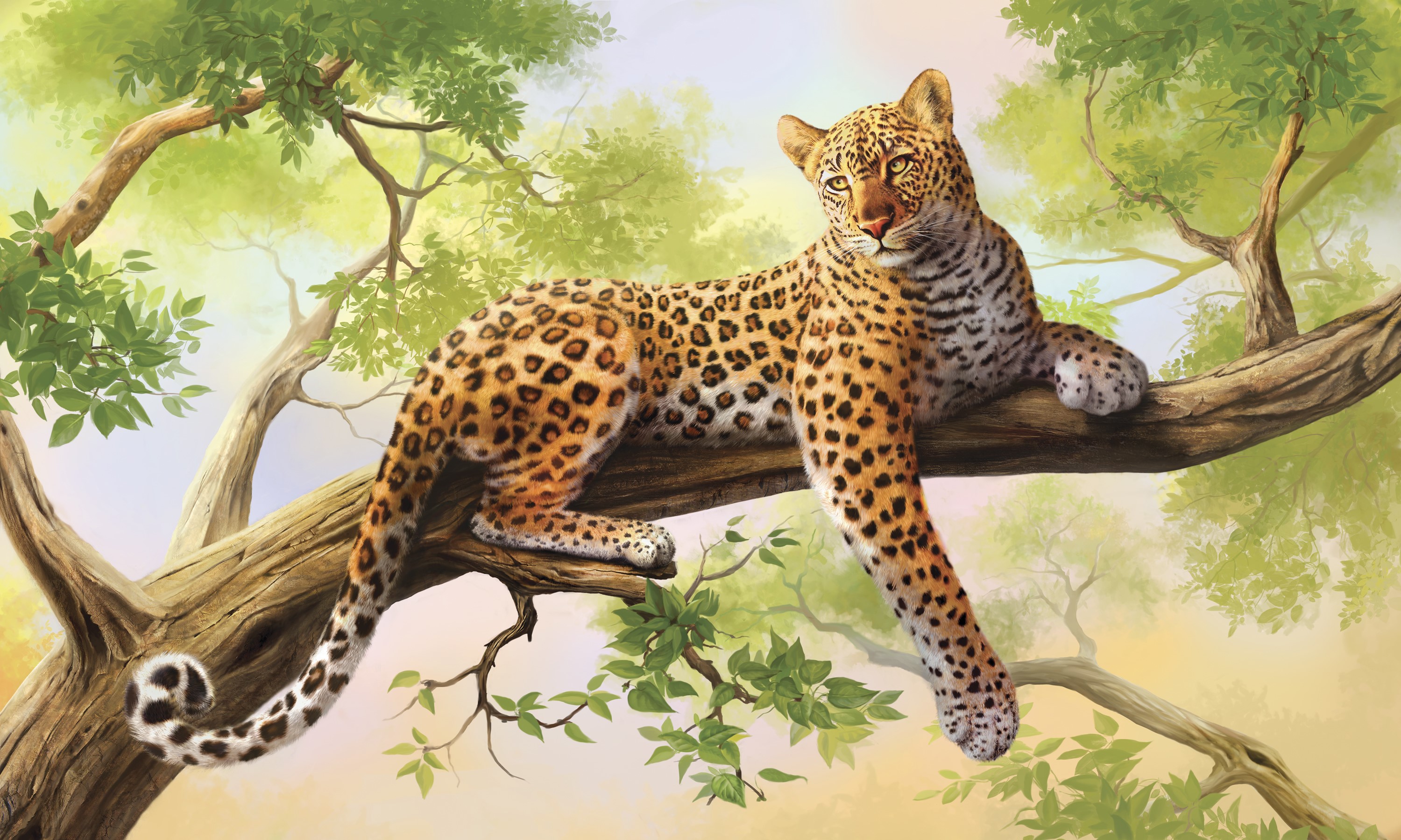 Leopard resting on a tree branch HD Wallpaper