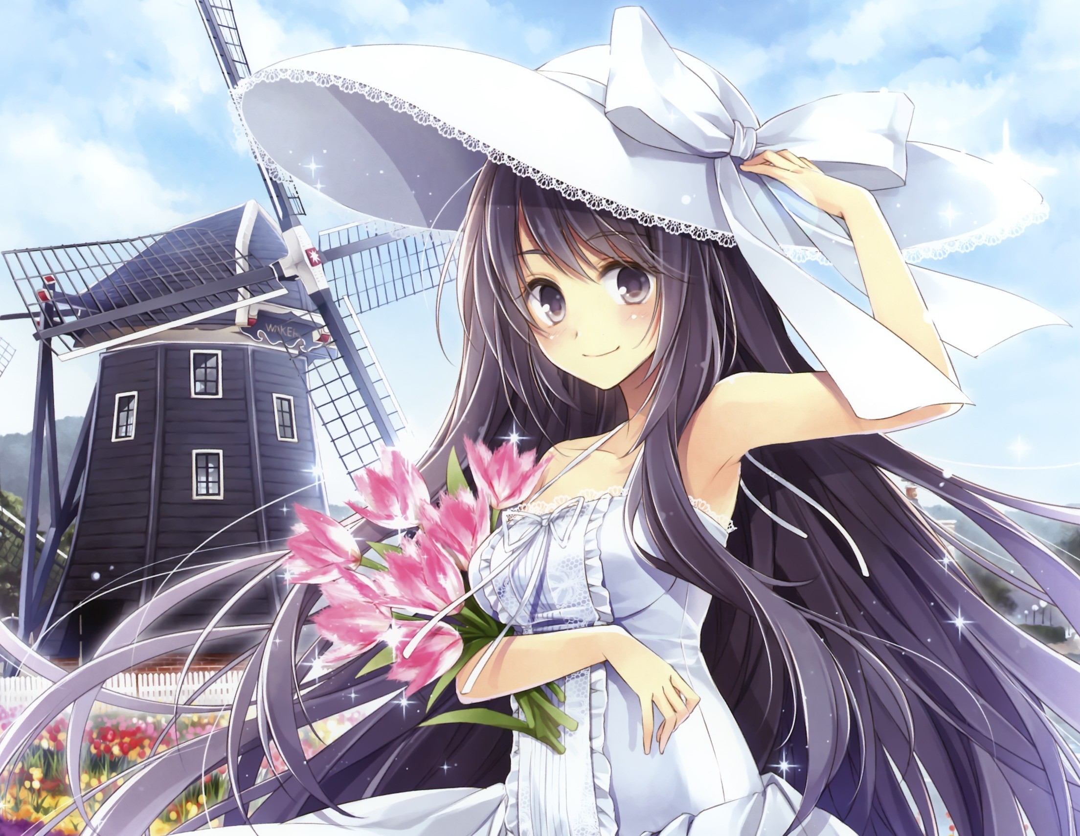 Girl in a Hat with Tulips and a Windmill HD Wallpaper