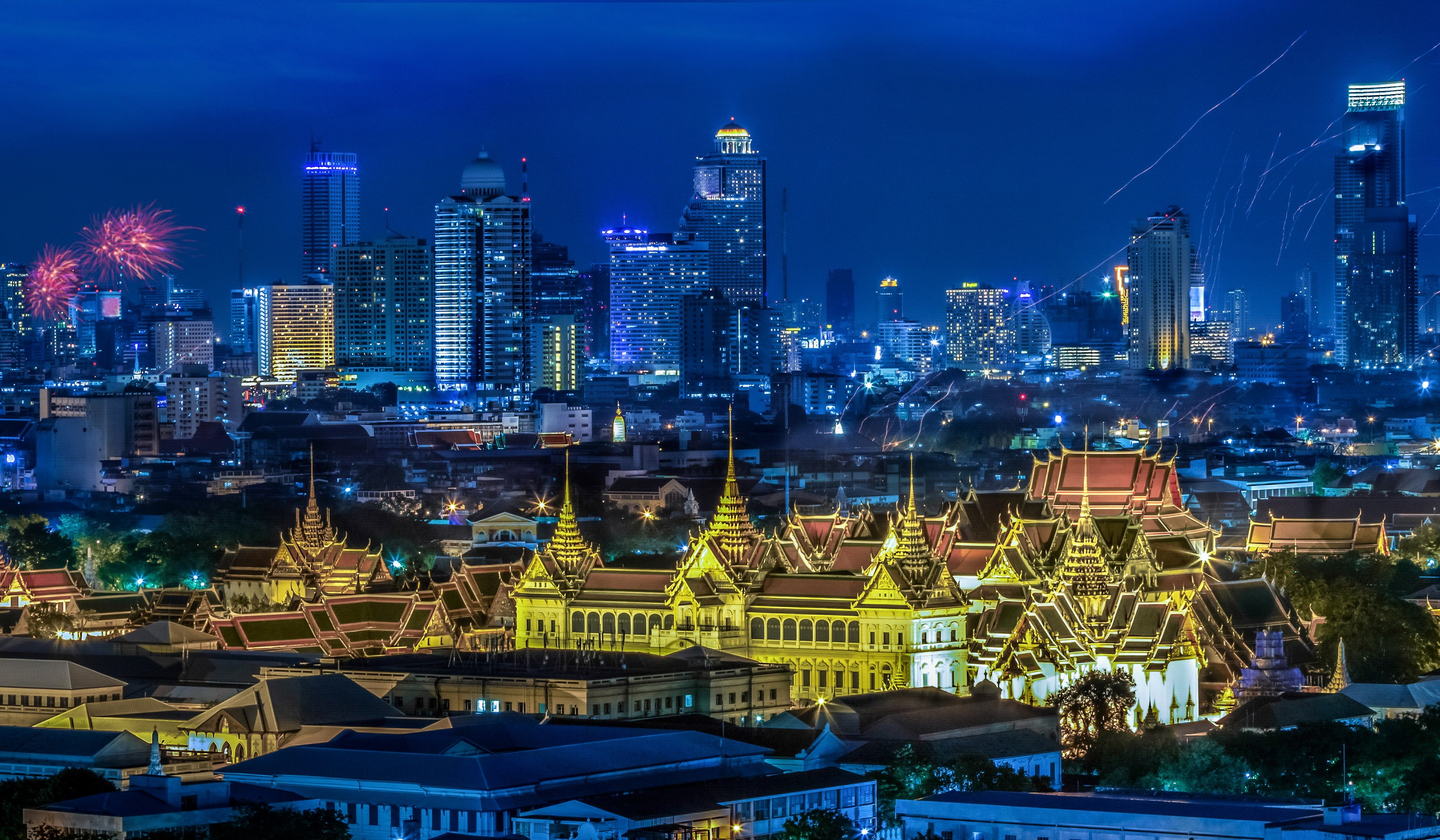 Bangkok Skyline at Night with Fireworks HD Wallpaper