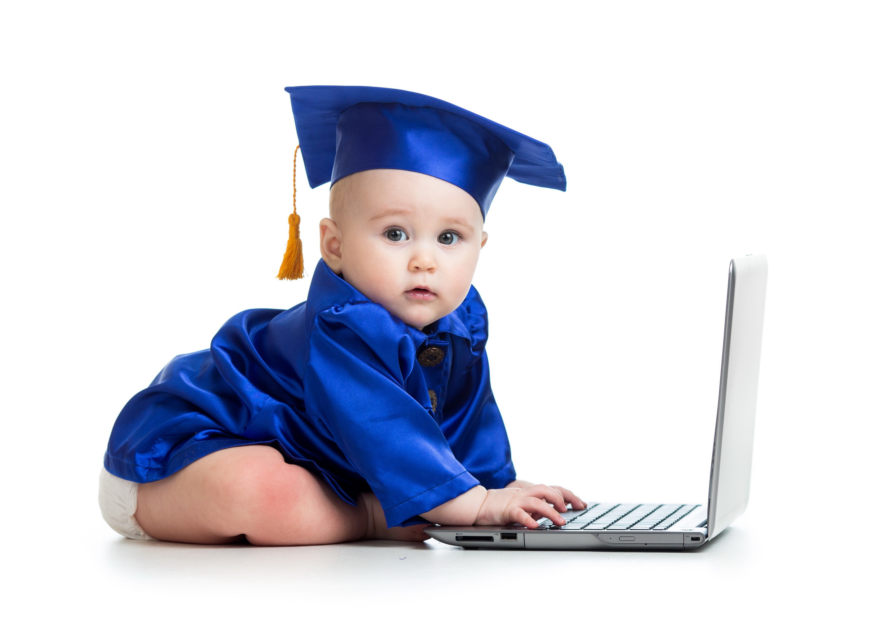 Baby in graduation gown with laptop HD Wallpaper