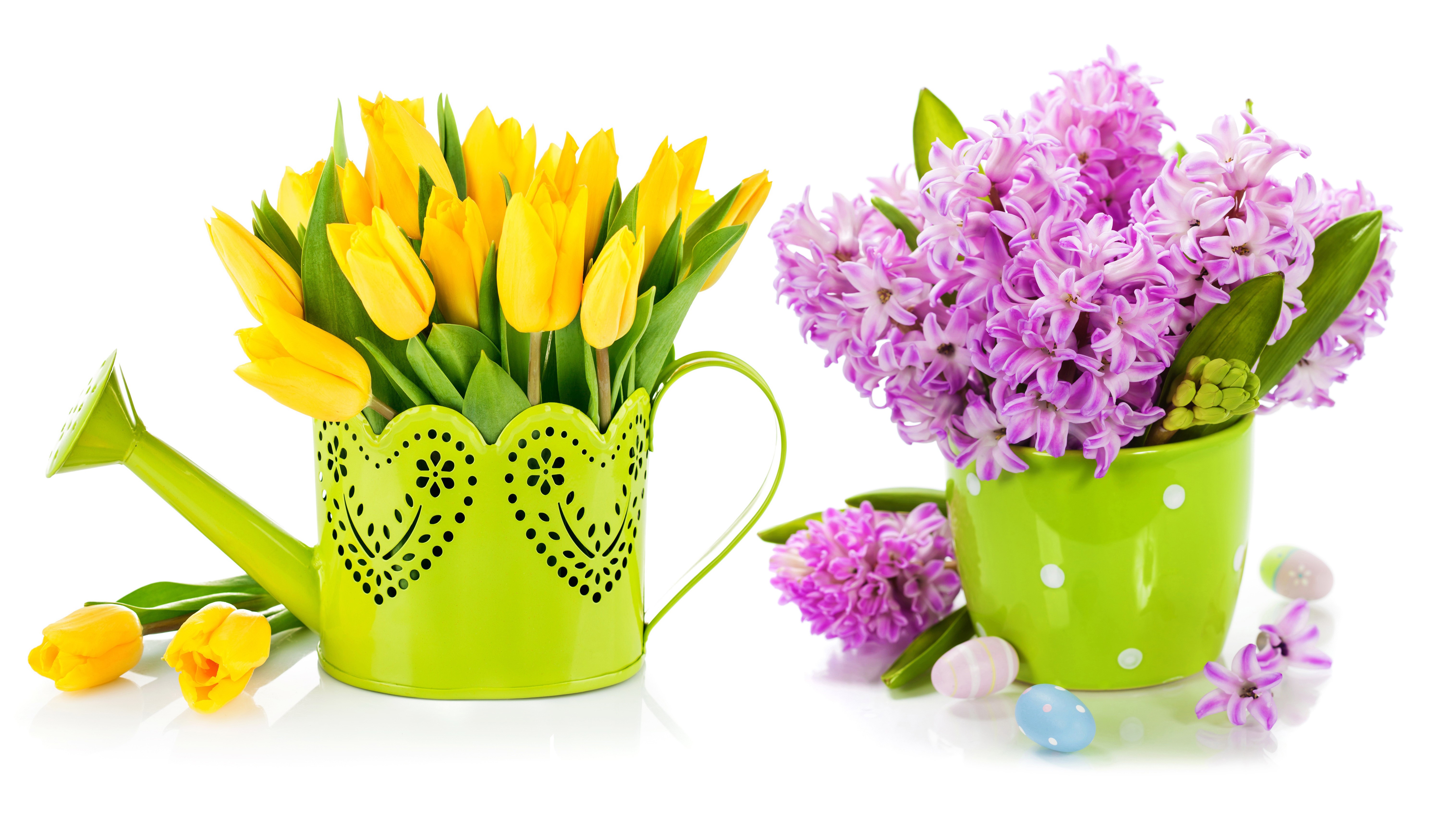 Yellow Tulips and Purple Hyacinths with Easter Eggs HD Wallpaper