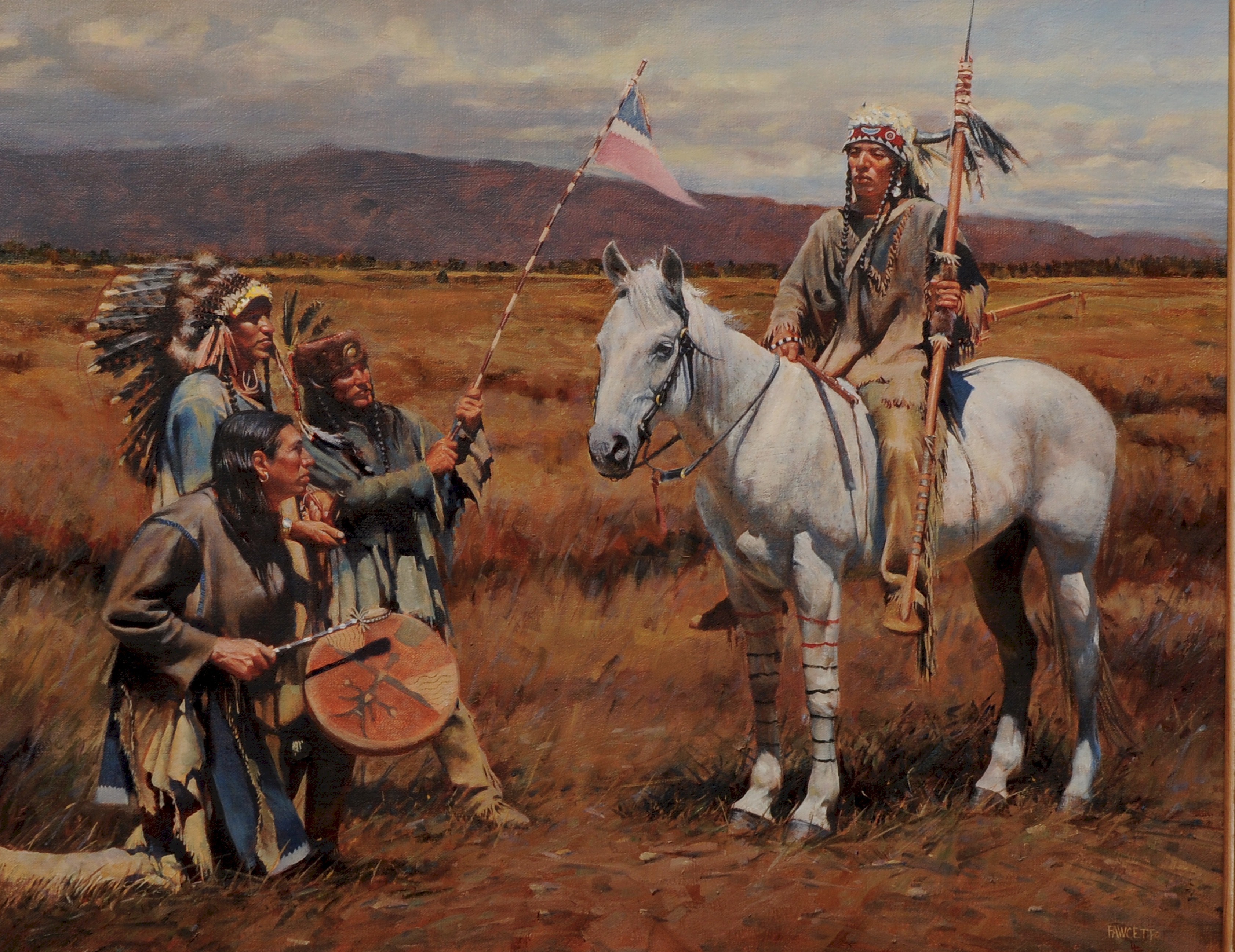 Native Americans with a flag and a horse HD Wallpaper