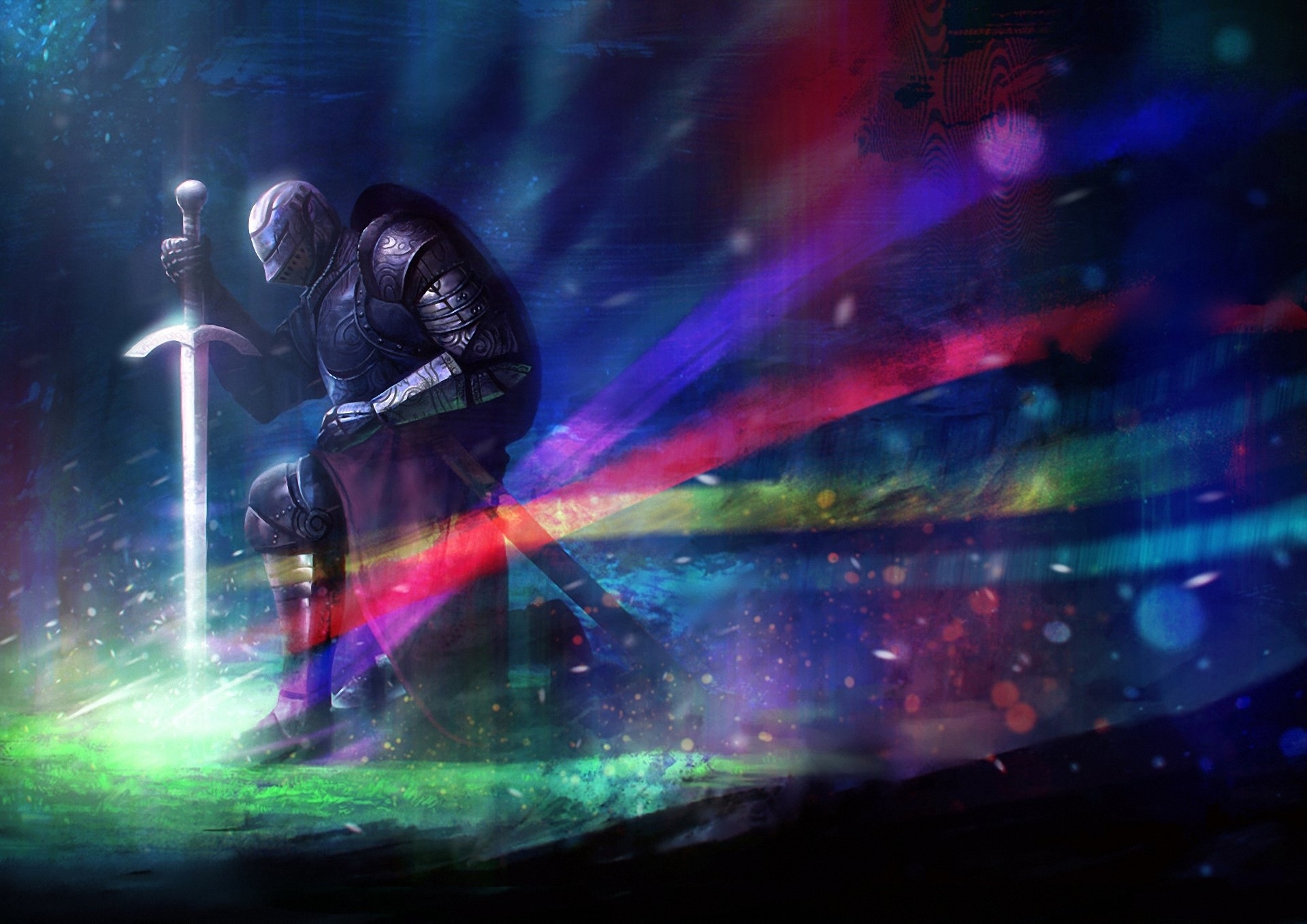 Knight kneeling with sword in colorful light HD Wallpaper