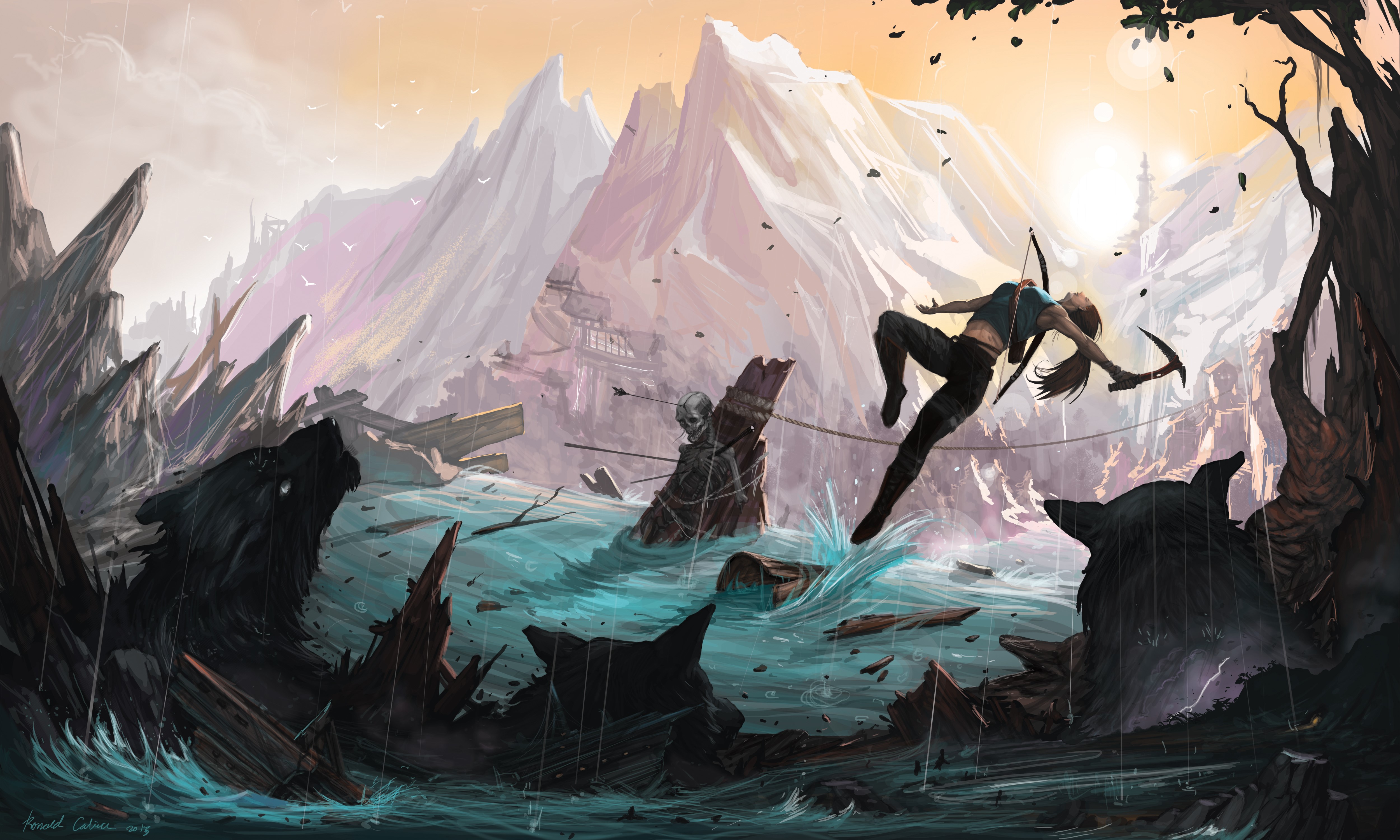 Lara Croft from Tomb Raider in a stormy landscape HD Wallpaper