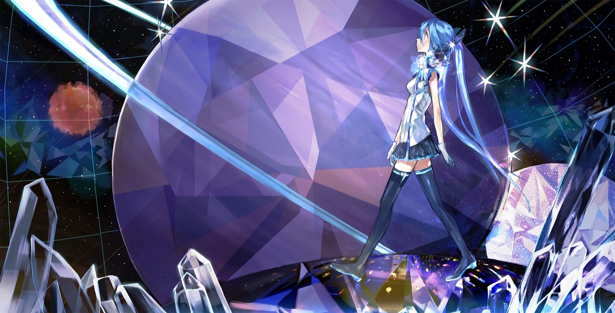 Hatsune Miku in a cosmic diamond landscape HD Wallpaper