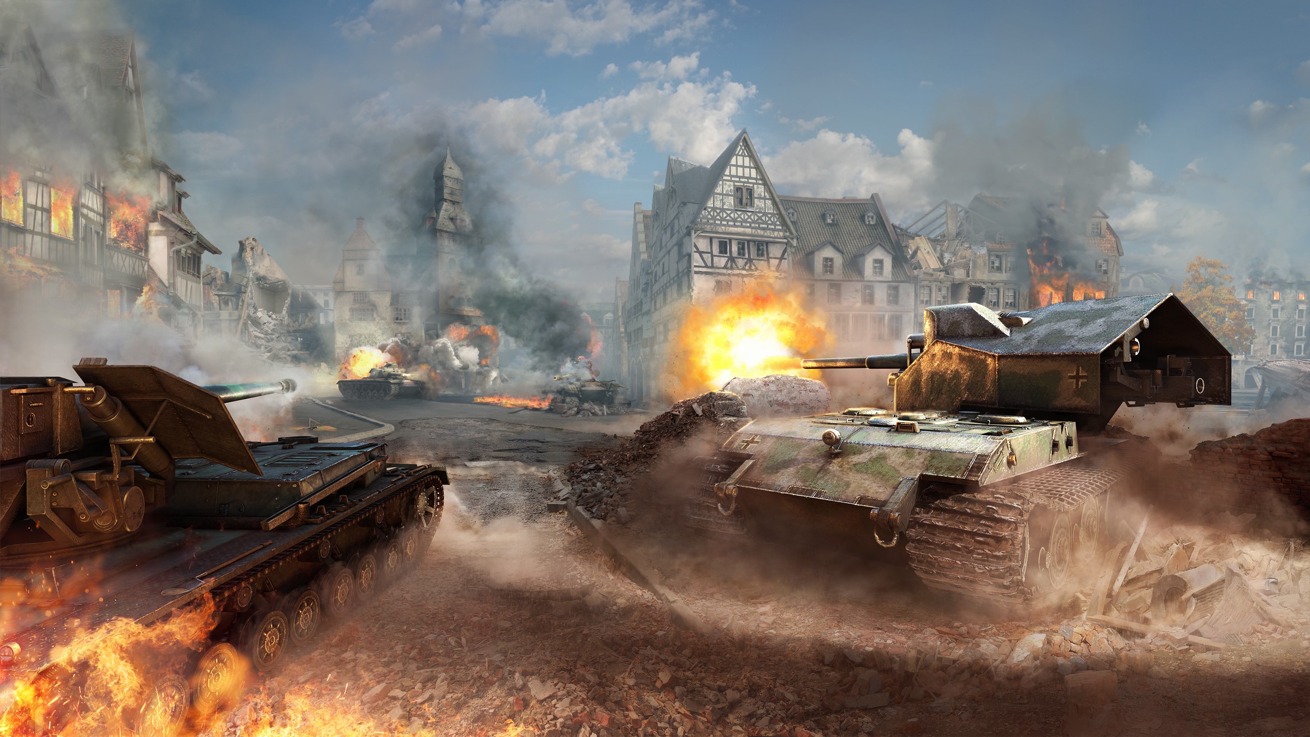 World of Tanks battle scene with tanks firing HD Wallpaper
