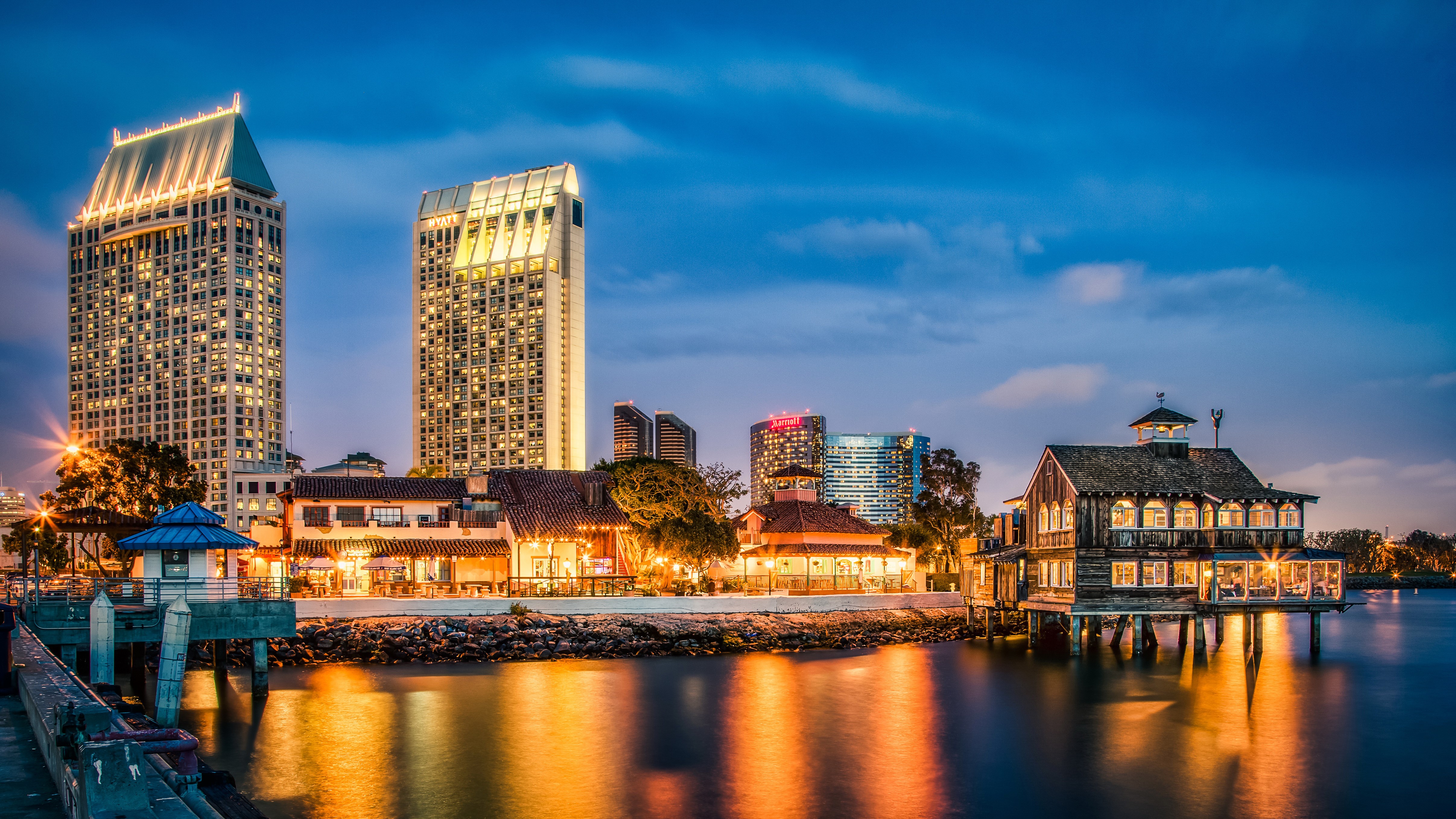 4K San Diego skyline and waterfront at night HD Wallpaper