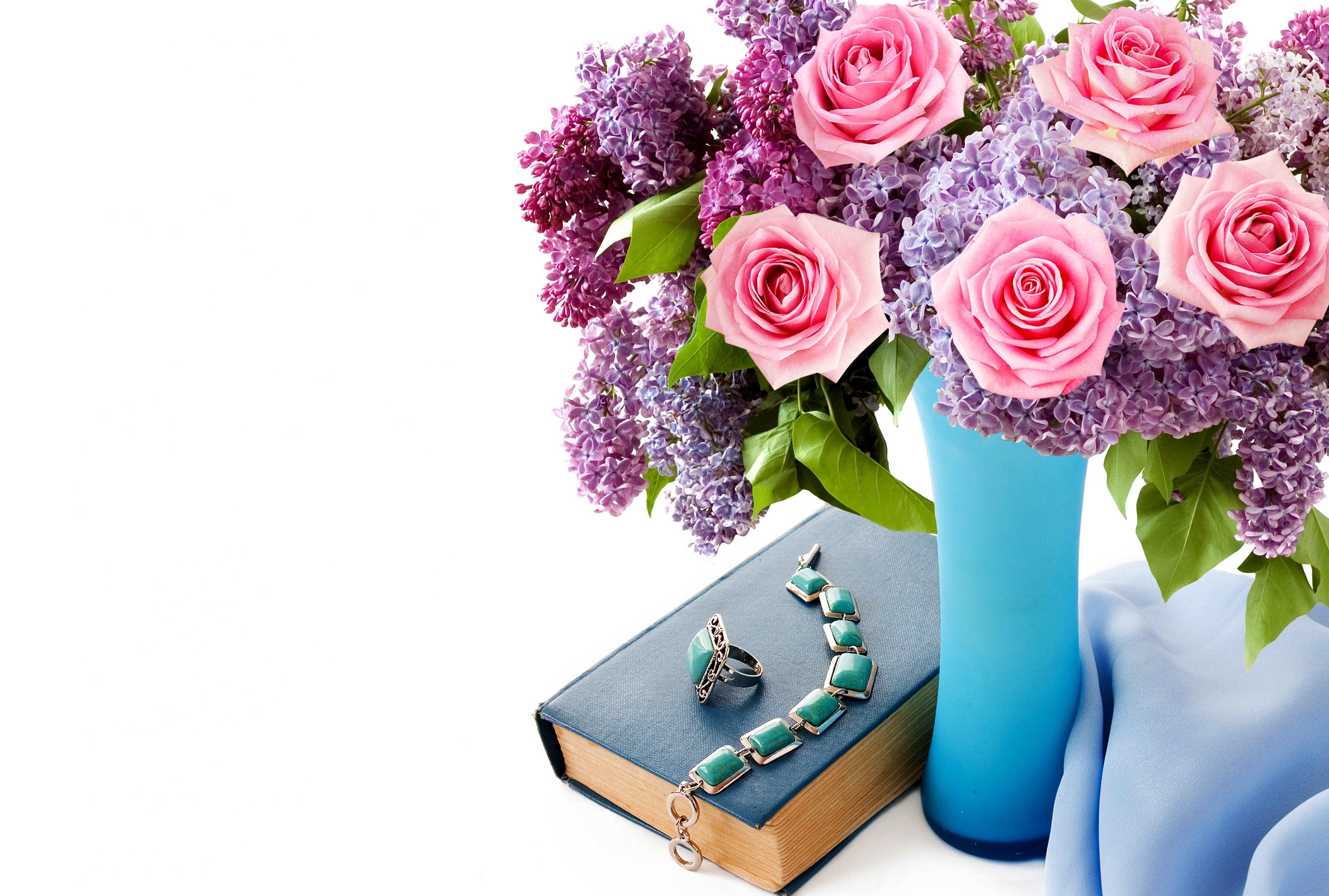 Pink Roses and Lilac Bouquet with Jewelry on Book HD Wallpaper